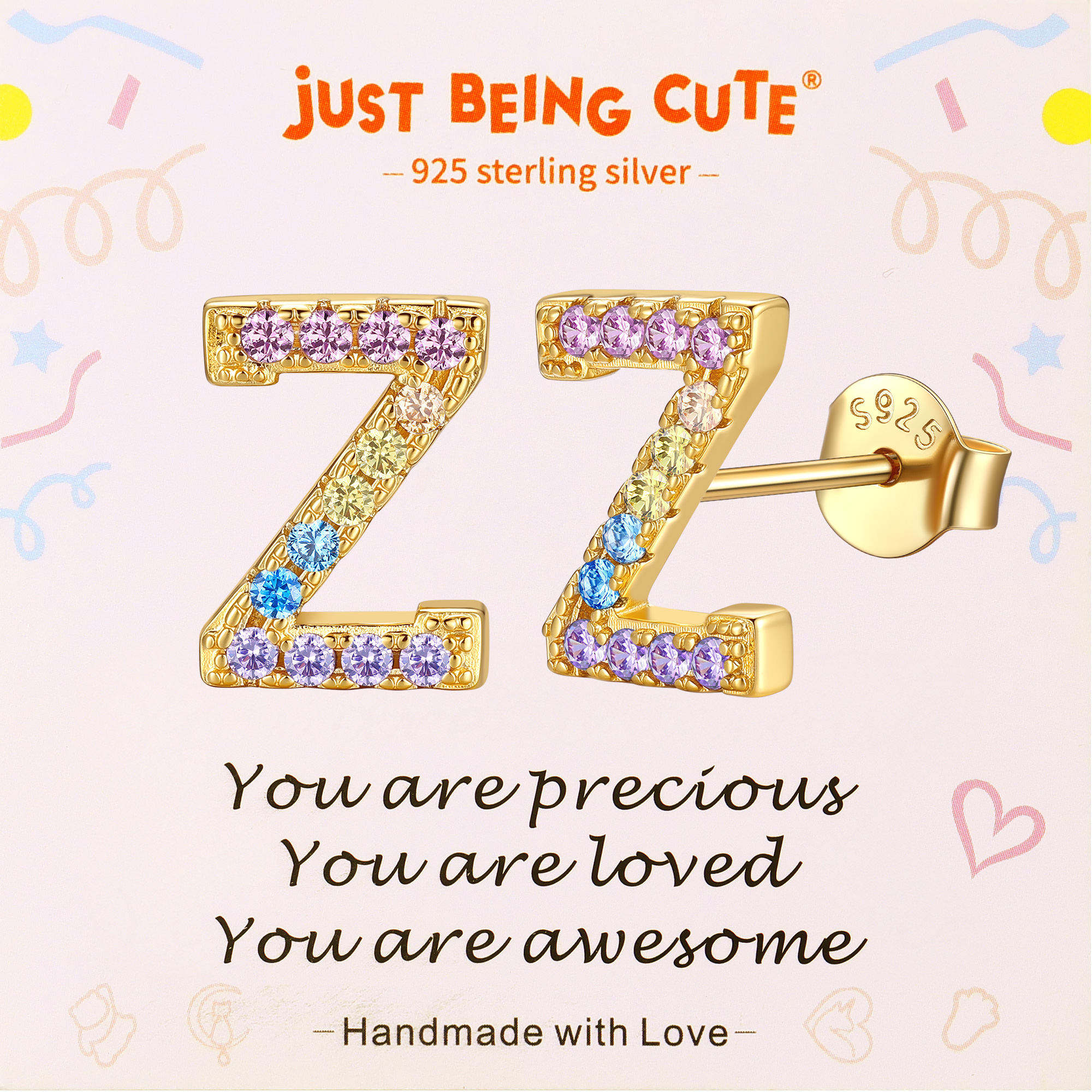Just Being Cute Initial Earrings for Women Rainbow Cubic Zirconia Letter Stud Earring Hypoallergenic Alphabets A-Z Studs Birthday Christmas Jewelry for Her with Gift Card