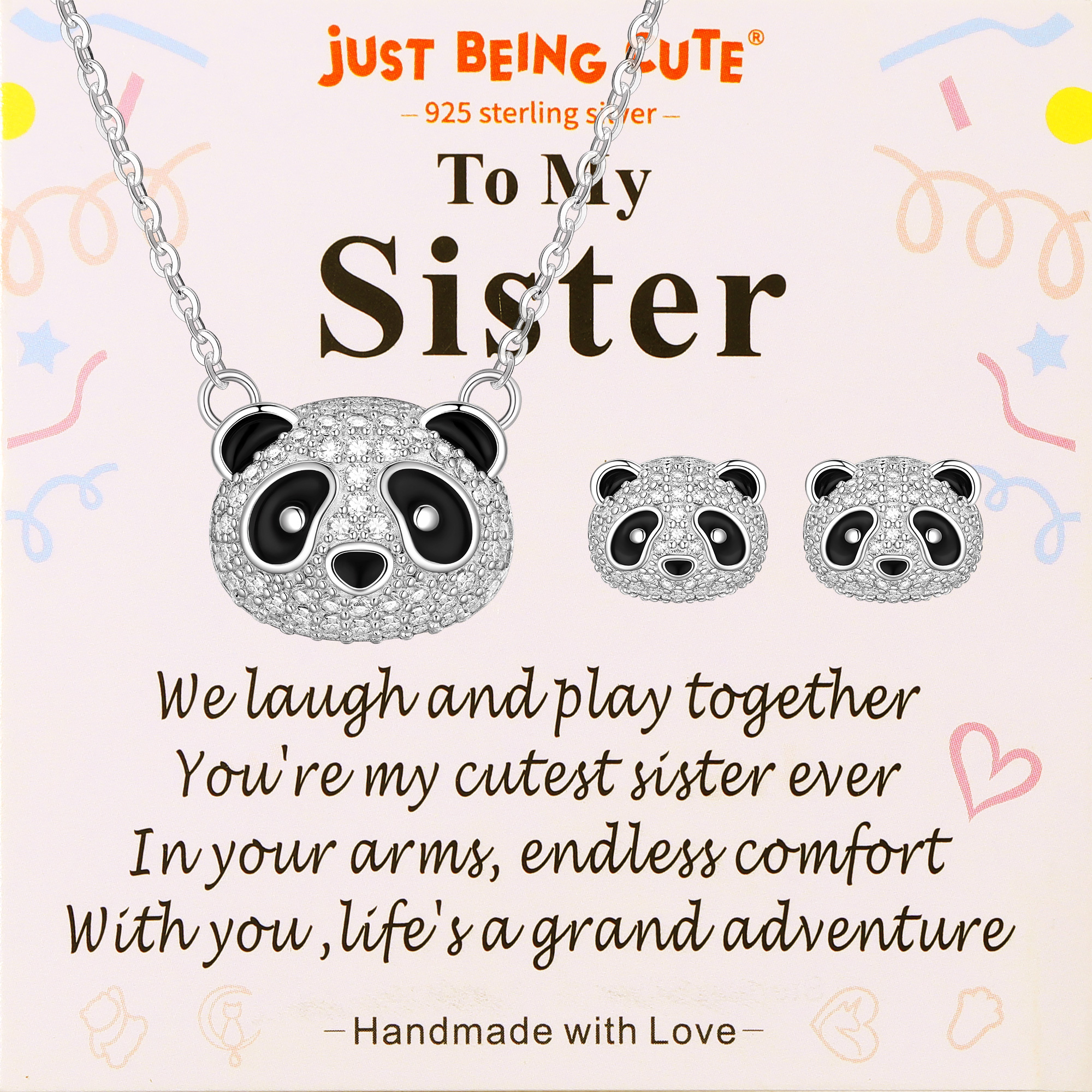 Just Being Cute Panda Necklace and Earrings Set for Women Cubic Zirconia Sterling Silver Jewelry with Birthday Christmas Gifts