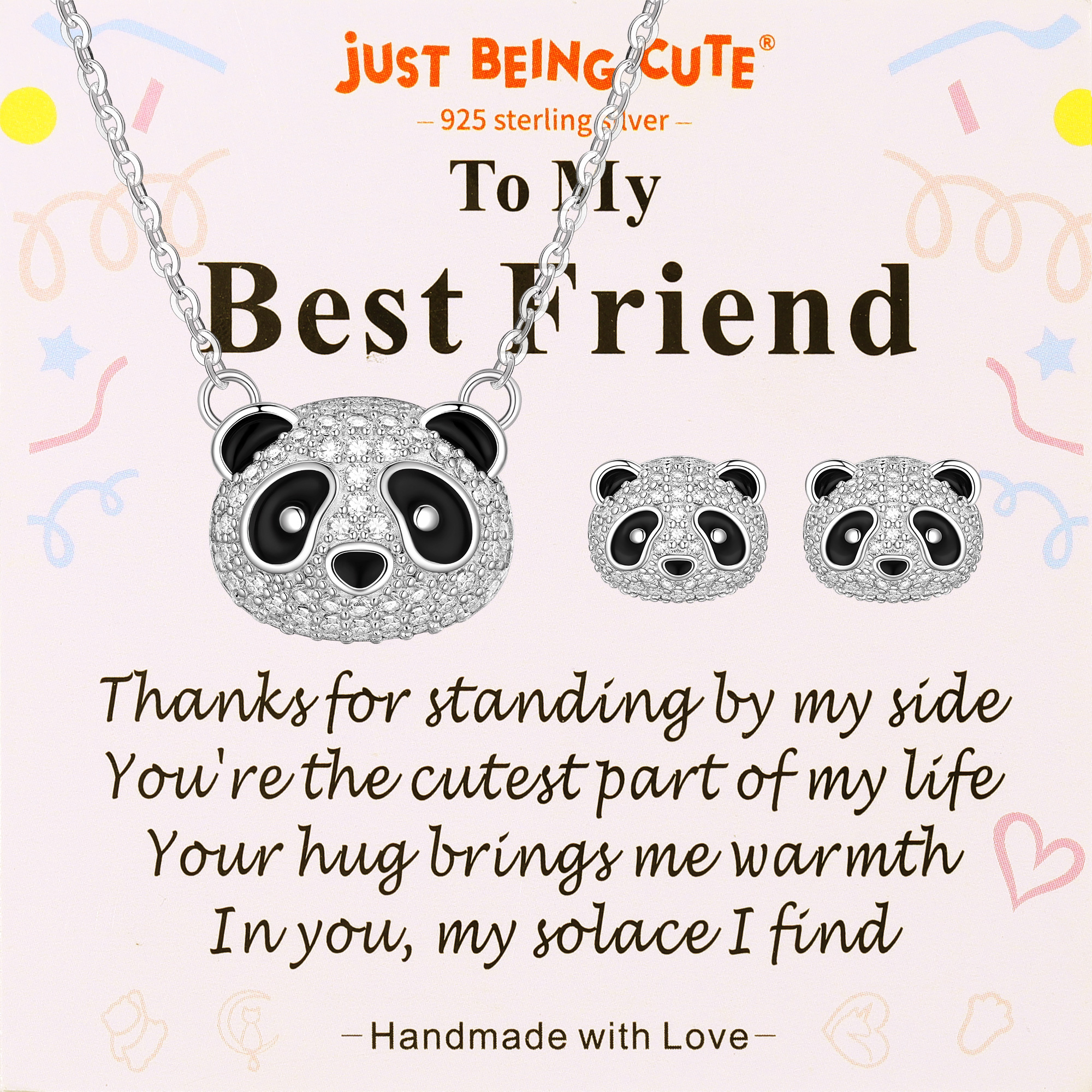 Just Being Cute Panda Necklace and Earrings Set for Women Cubic Zirconia Sterling Silver Jewelry with Birthday Christmas Gifts