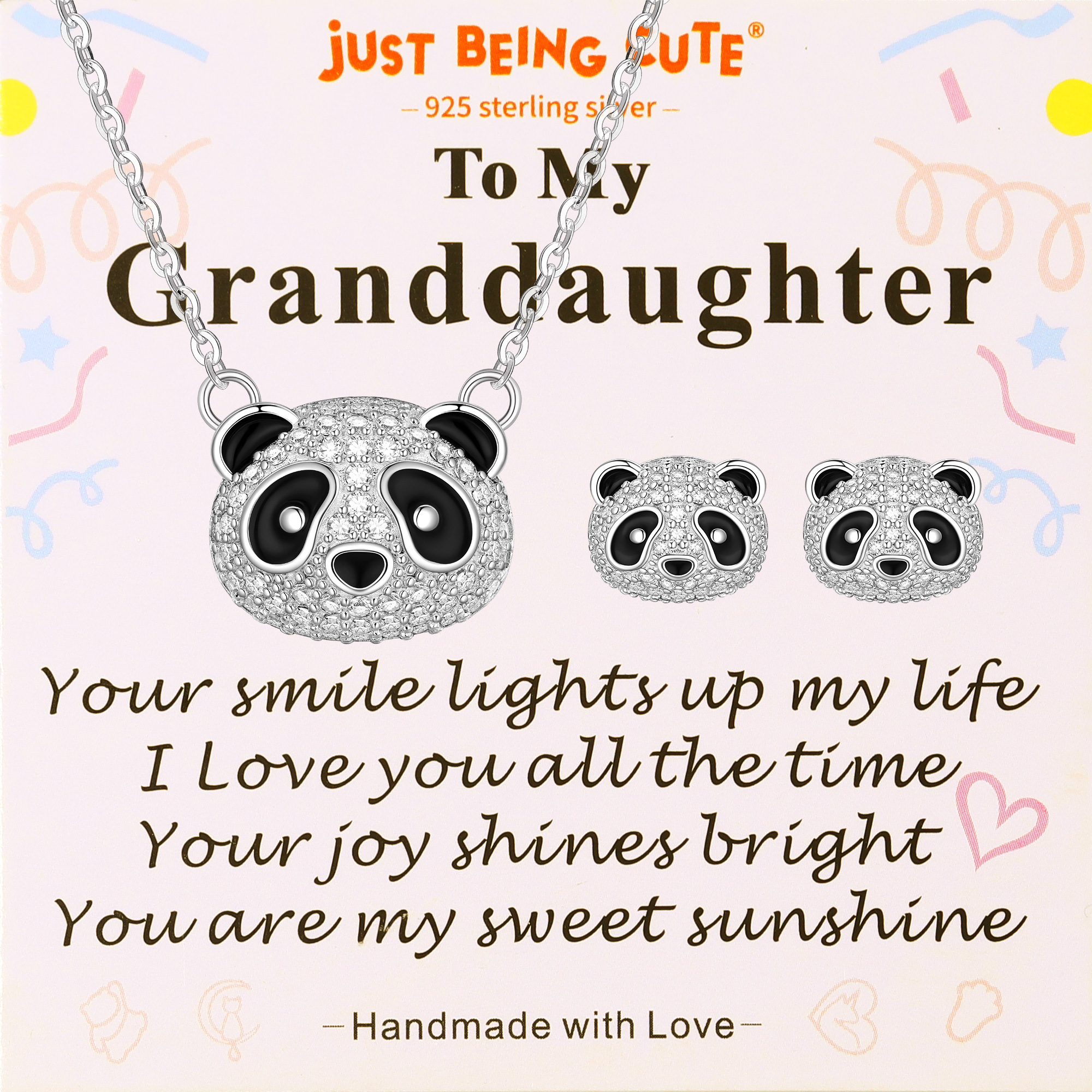 Just Being Cute Panda Necklace and Earrings Set for Women Cubic Zirconia Sterling Silver Jewelry with Birthday Christmas Gifts
