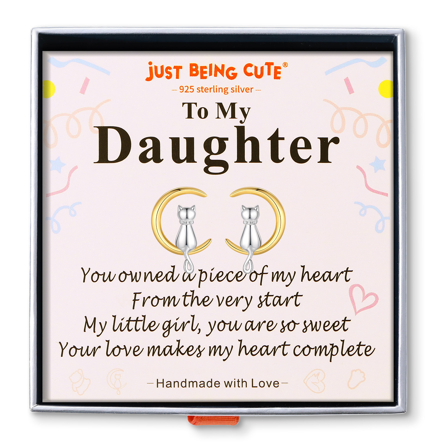 Just Being Cute Cat Earrings for Women, Sterling Silver Stud Earrings Cat Moon Jewelry Gifts for Birthday Christmas