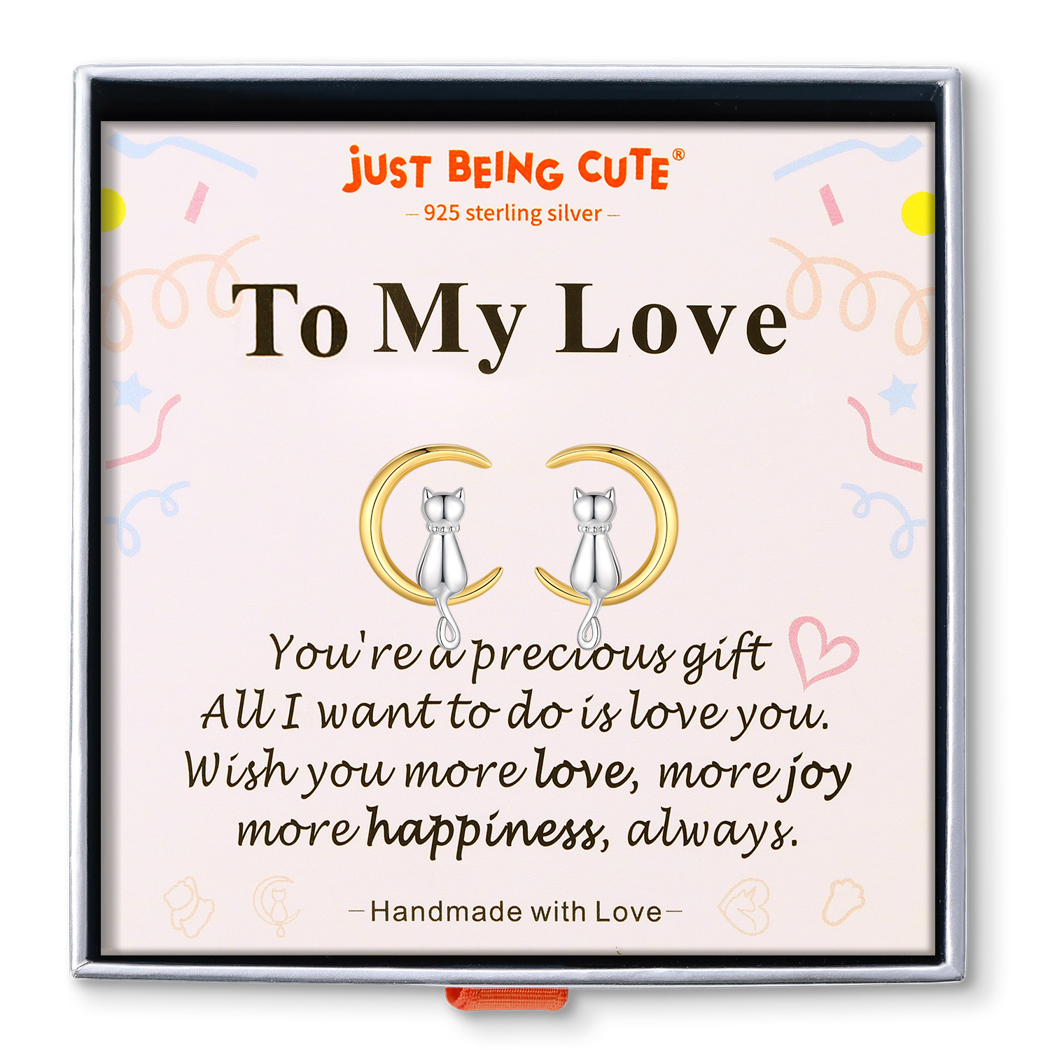 Just Being Cute Cat Earrings for Women, Sterling Silver Stud Earrings Cat Moon Jewelry Gifts for Birthday Christmas