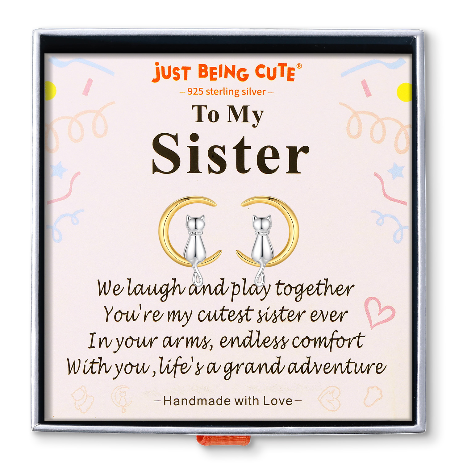 Just Being Cute Cat Earrings for Women, Sterling Silver Stud Earrings Cat Moon Jewelry Gifts for Birthday Christmas