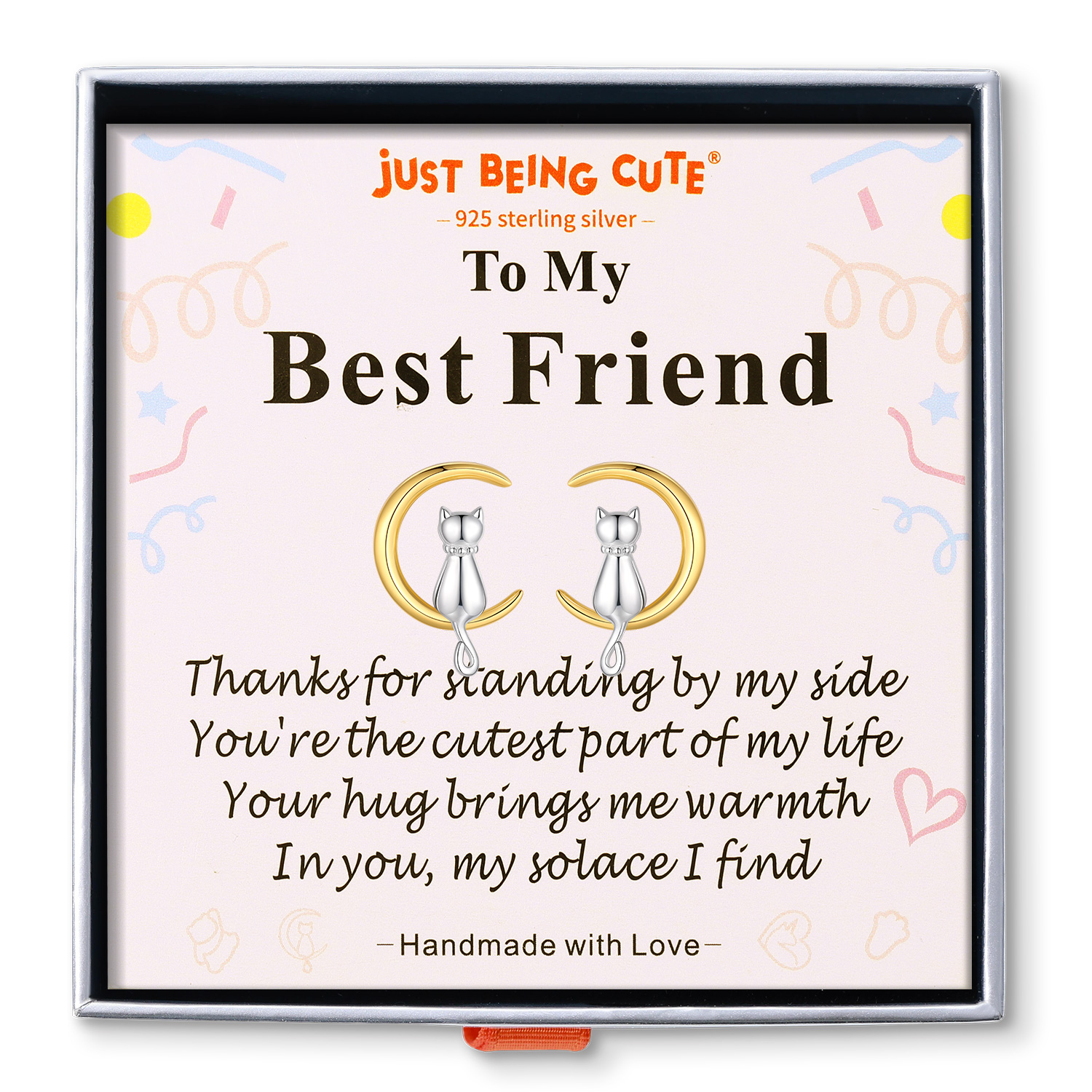 Just Being Cute Cat Earrings for Women, Sterling Silver Stud Earrings Cat Moon Jewelry Gifts for Birthday Christmas