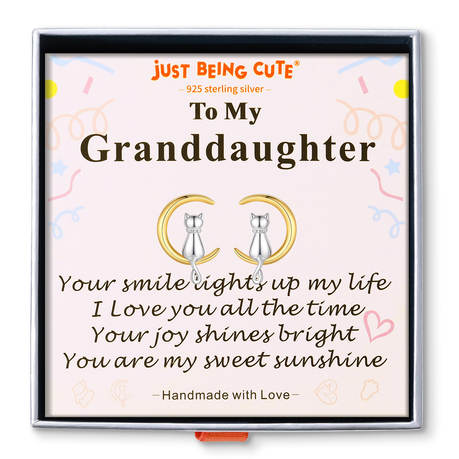 Just Being Cute Cat Earrings for Women, Sterling Silver Stud Earrings Cat Moon Jewelry Gifts for Birthday Christmas