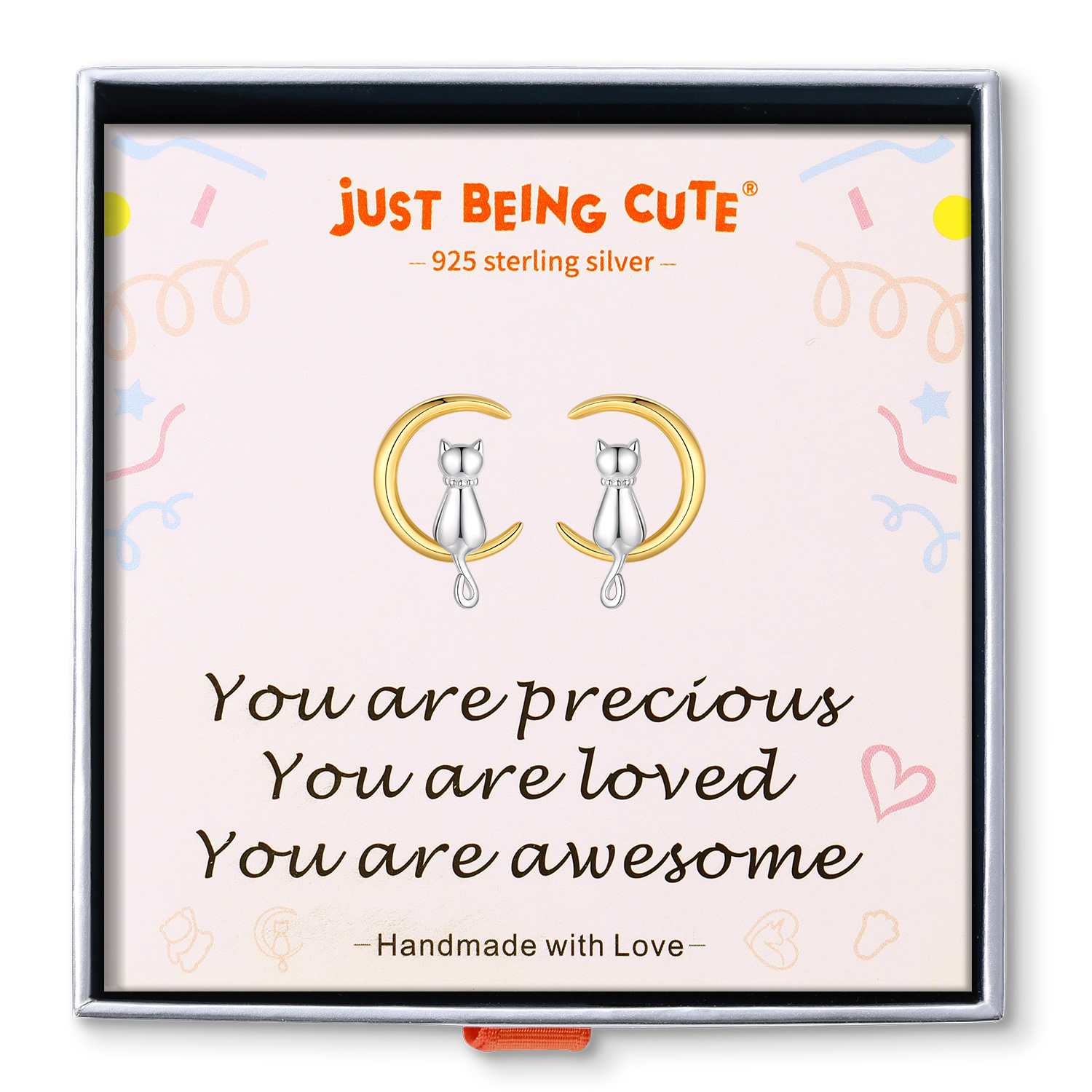 Just Being Cute Cat Earrings for Women, Sterling Silver Stud Earrings Cat Moon Jewelry Gifts for Birthday Christmas