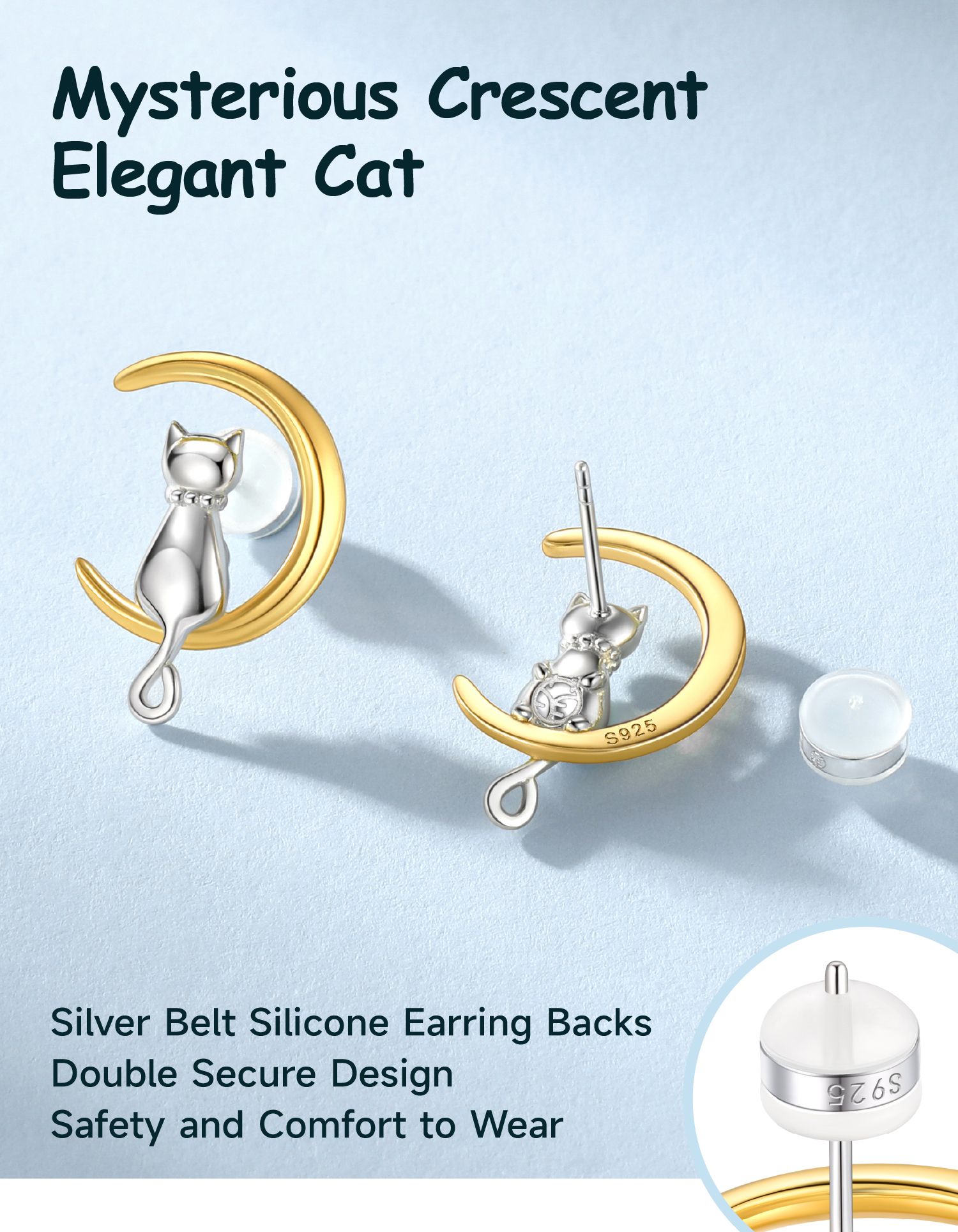 Just Being Cute Cat Earrings for Women, Sterling Silver Stud Earrings Cat Moon Jewelry Gifts for Birthday Christmas