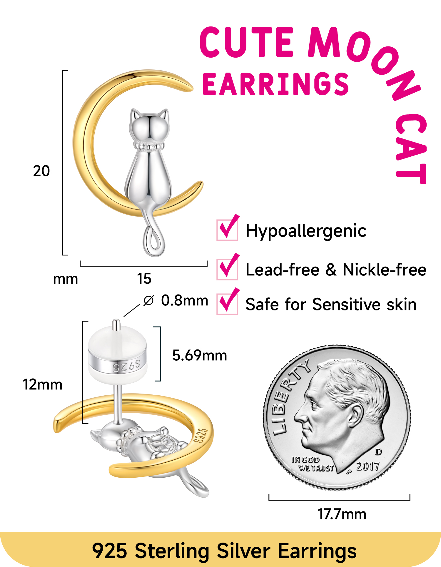 Just Being Cute Cat Earrings for Women, Sterling Silver Stud Earrings Cat Moon Jewelry Gifts for Birthday Christmas