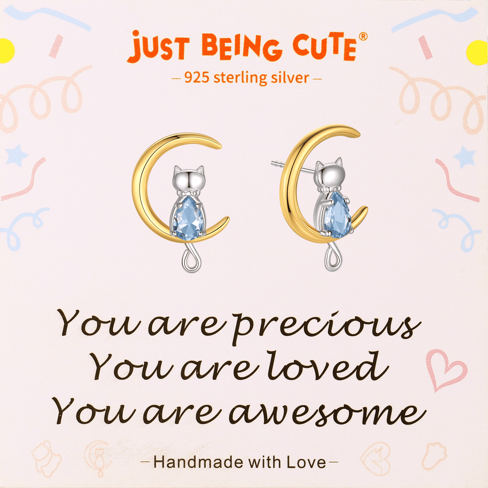 Just Being Cute Cat Moon Birthstone Earrings for Women, 925 Sterling Silver Stud Earrings October Birthday Gifts for Girlfriend Daughter