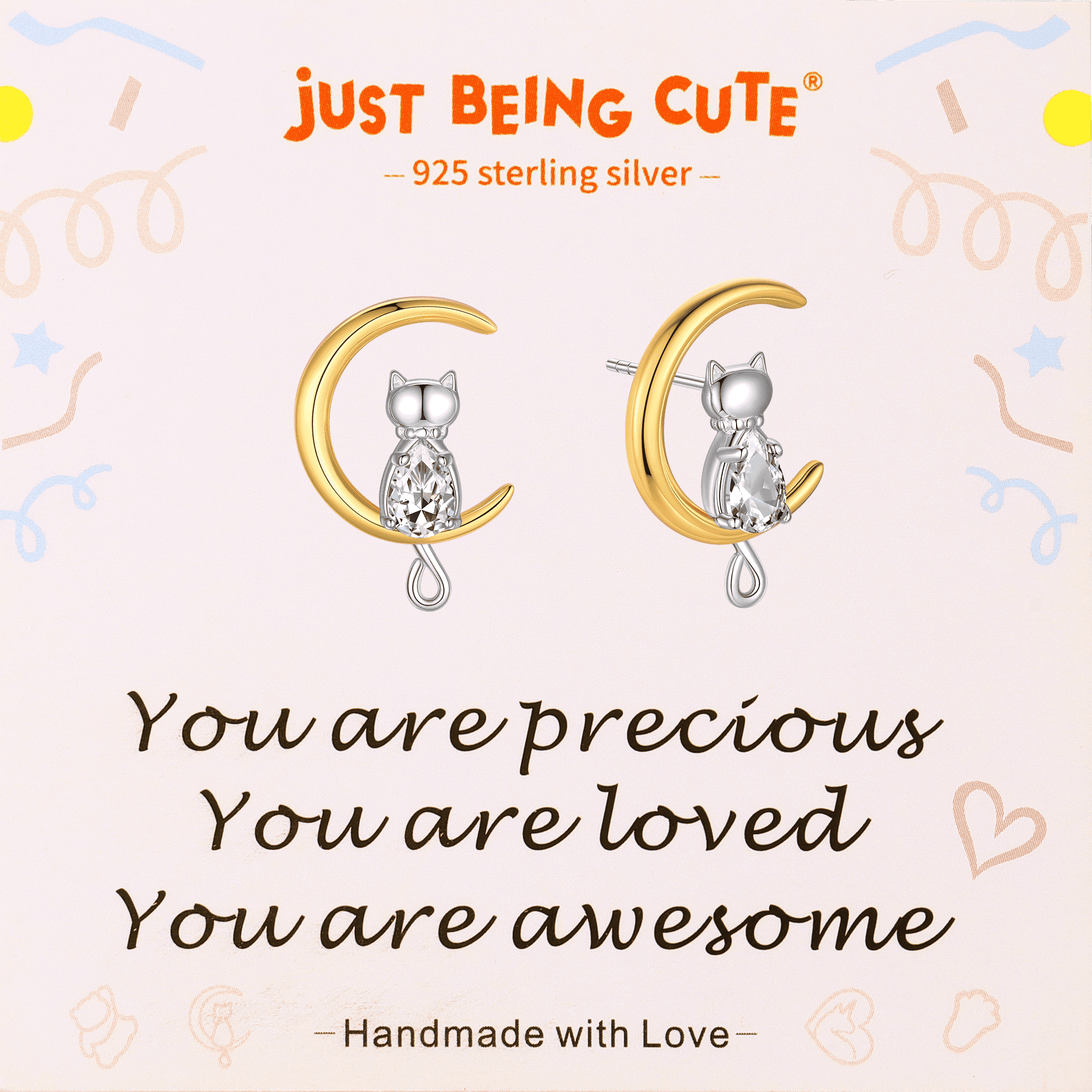 Just Being Cute Cat Moon Birthstone Earrings for Women, 925 Sterling Silver Stud Earrings October Birthday Gifts for Girlfriend Daughter