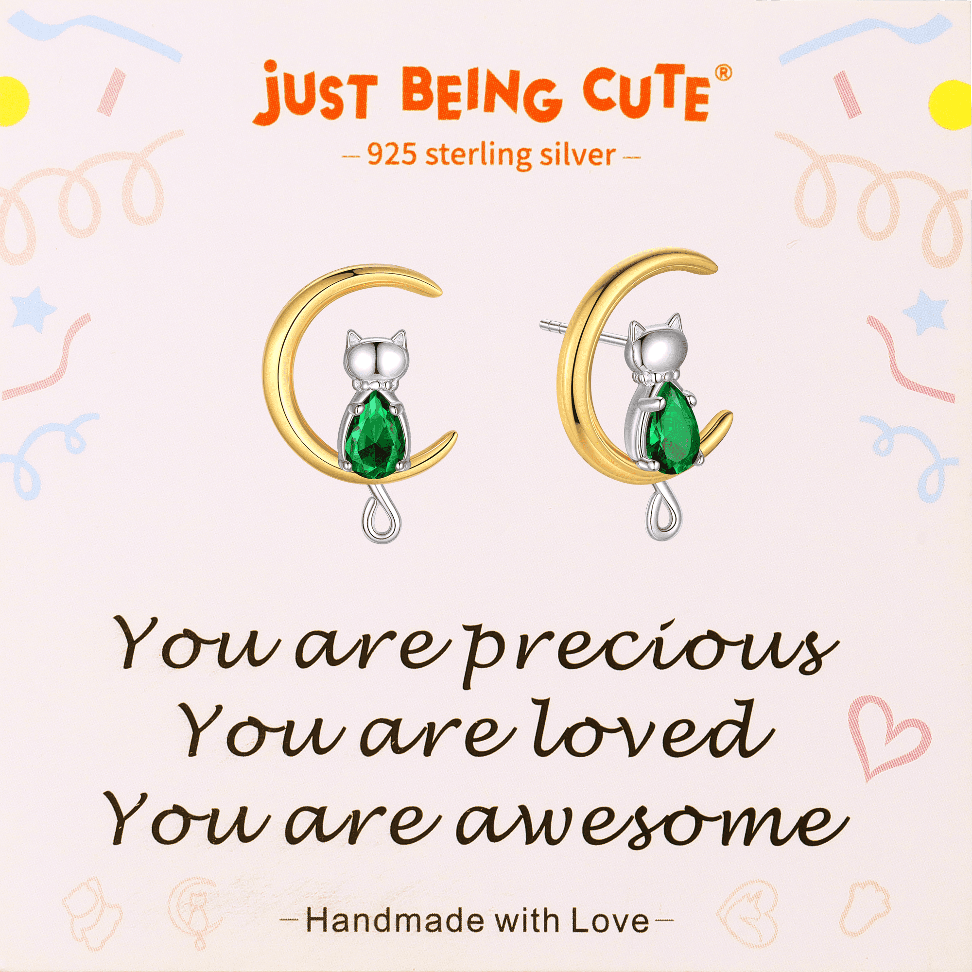 Just Being Cute Cat Moon Birthstone Earrings for Women, 925 Sterling Silver Stud Earrings October Birthday Gifts for Girlfriend Daughter
