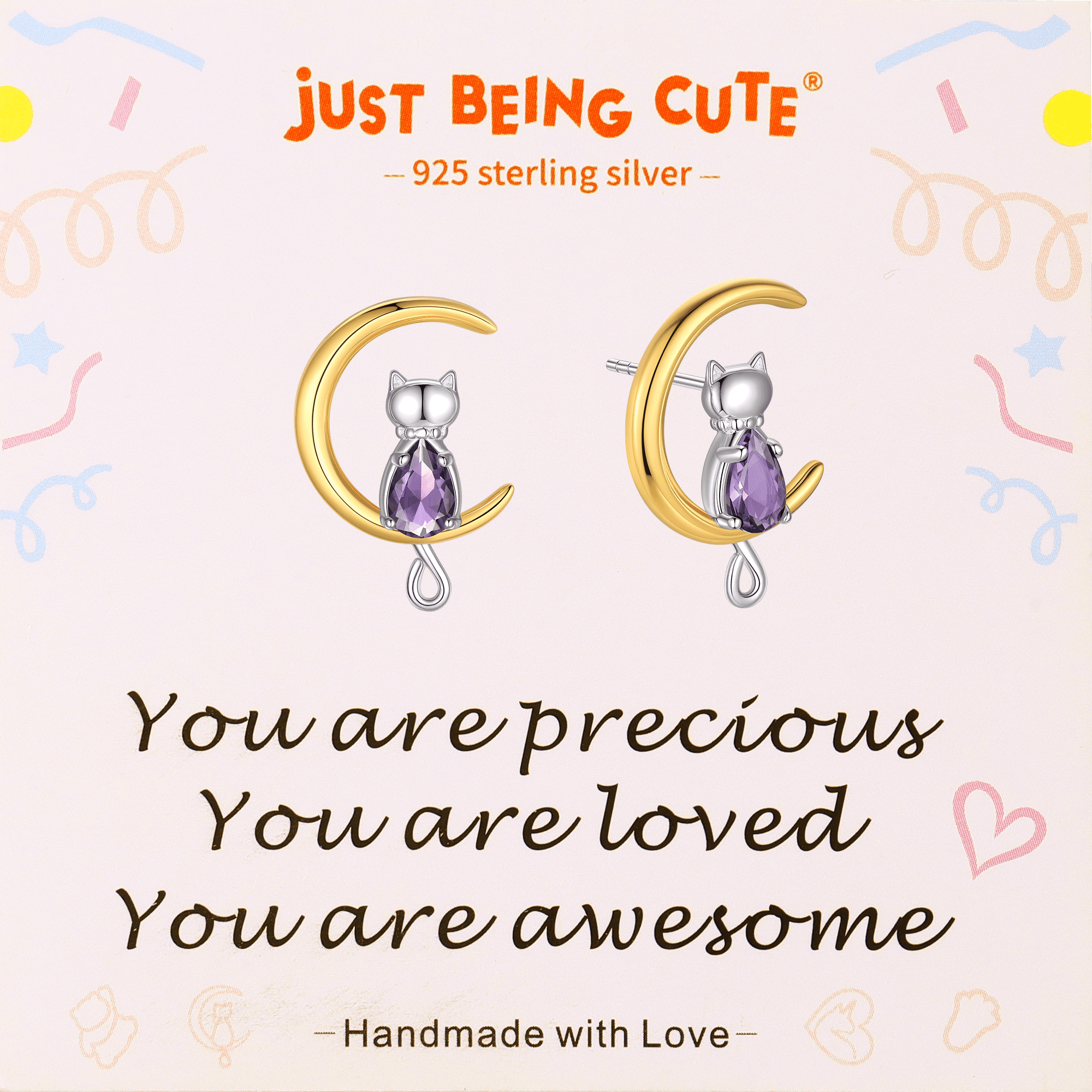 Just Being Cute Cat Moon Birthstone Earrings for Women, 925 Sterling Silver Stud Earrings October Birthday Gifts for Girlfriend Daughter