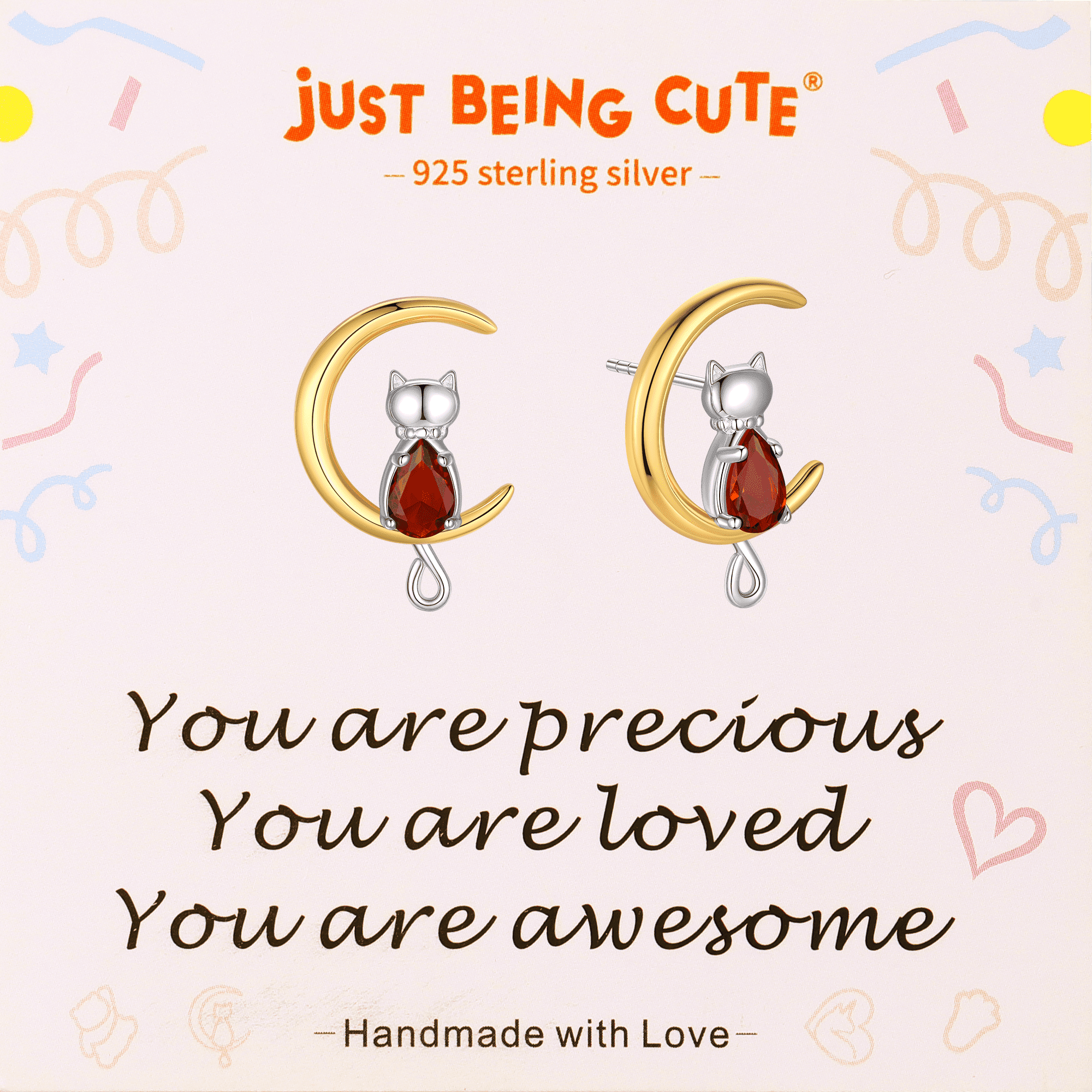 Just Being Cute Cat Moon Birthstone Earrings for Women, 925 Sterling Silver Stud Earrings October Birthday Gifts for Girlfriend Daughter