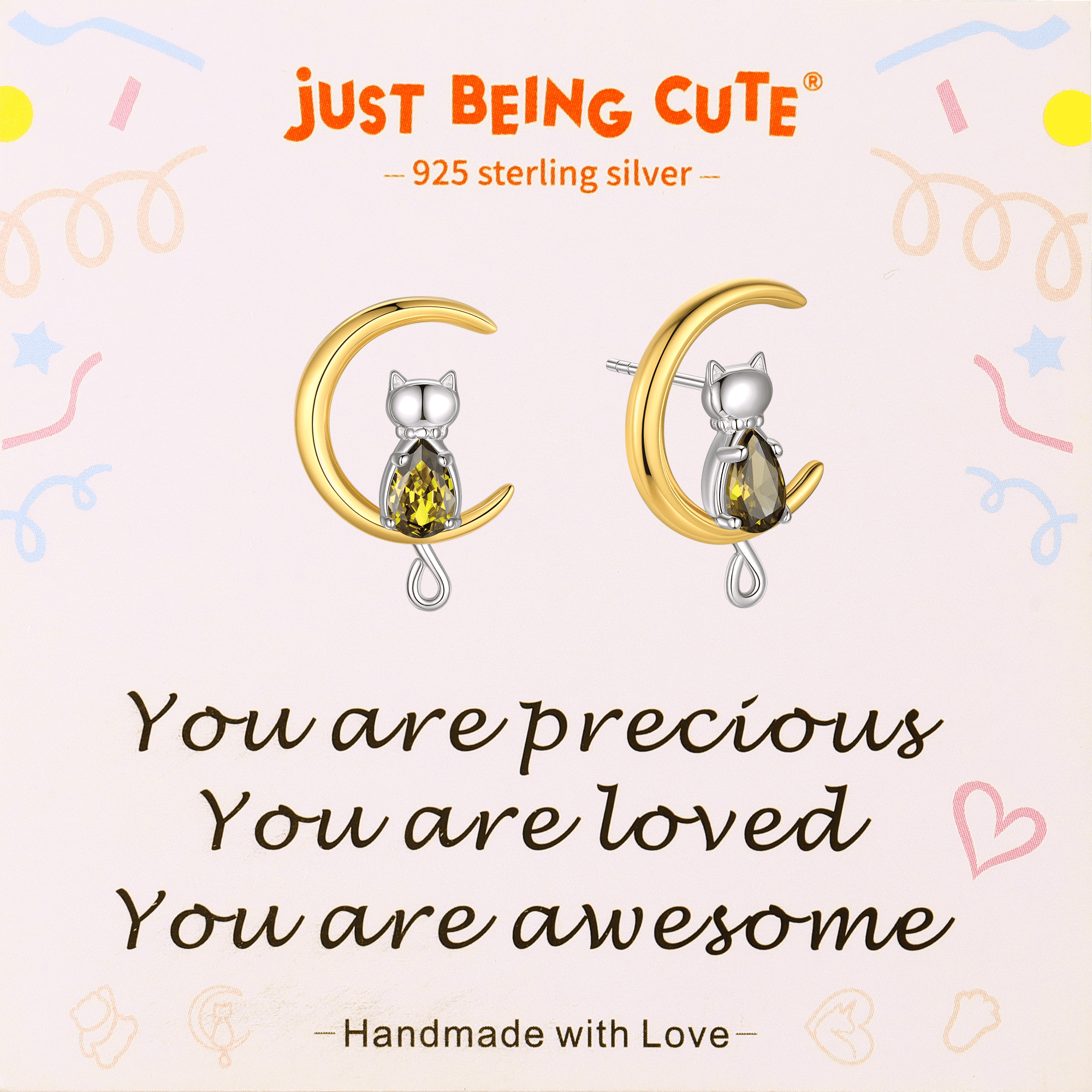 Just Being Cute Cat Moon Birthstone Earrings for Women, 925 Sterling Silver Stud Earrings October Birthday Gifts for Girlfriend Daughter