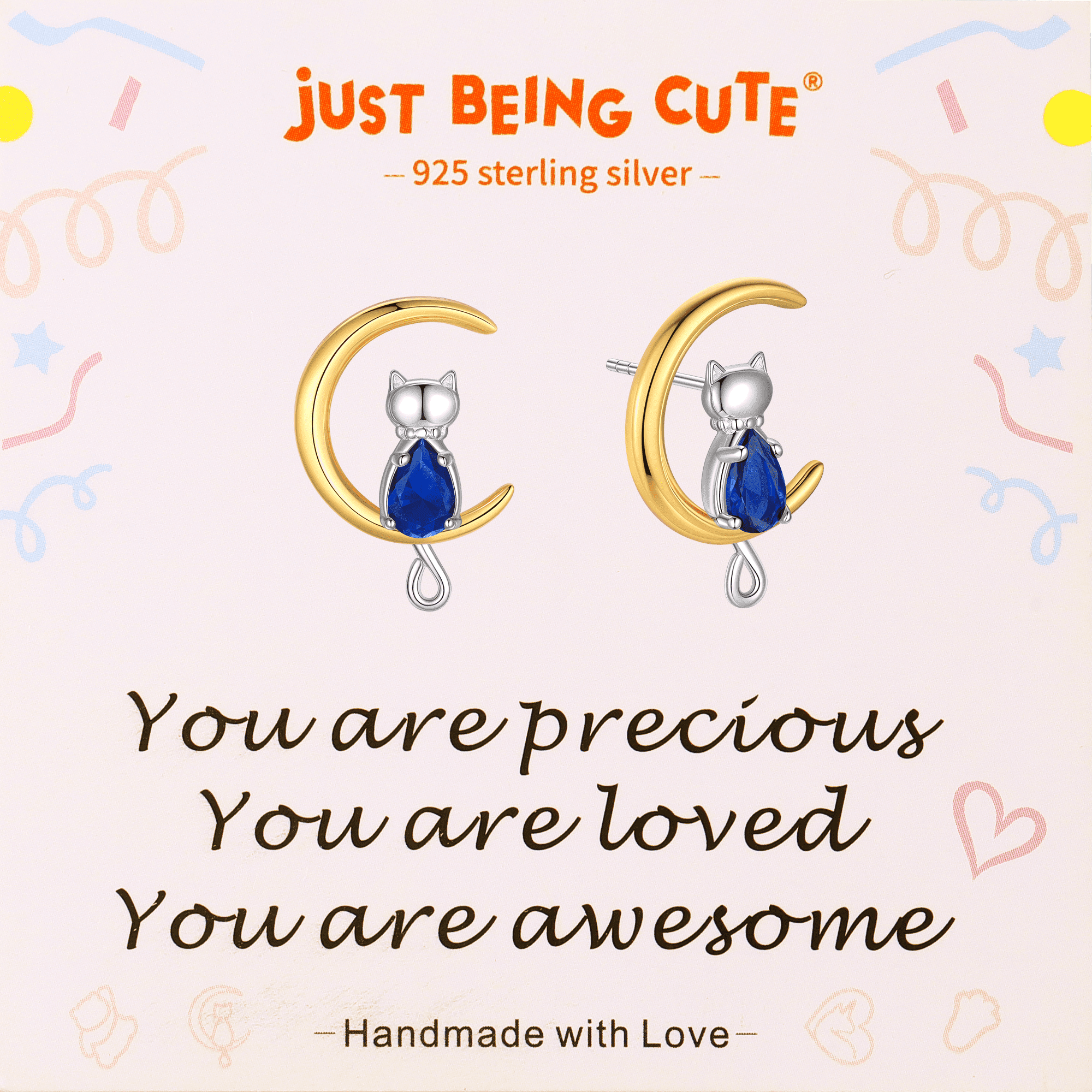 Just Being Cute Cat Moon Birthstone Earrings for Women, 925 Sterling Silver Stud Earrings October Birthday Gifts for Girlfriend Daughter