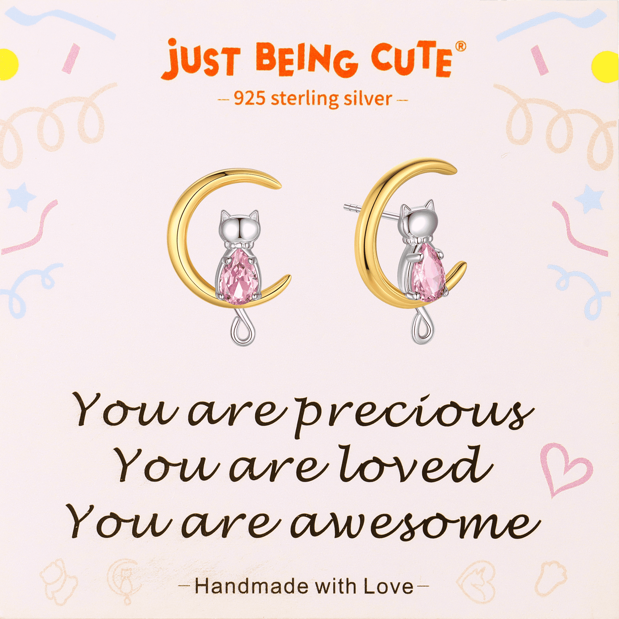 Just Being Cute Cat Moon Birthstone Earrings for Women, 925 Sterling Silver Stud Earrings October Birthday Gifts for Girlfriend Daughter