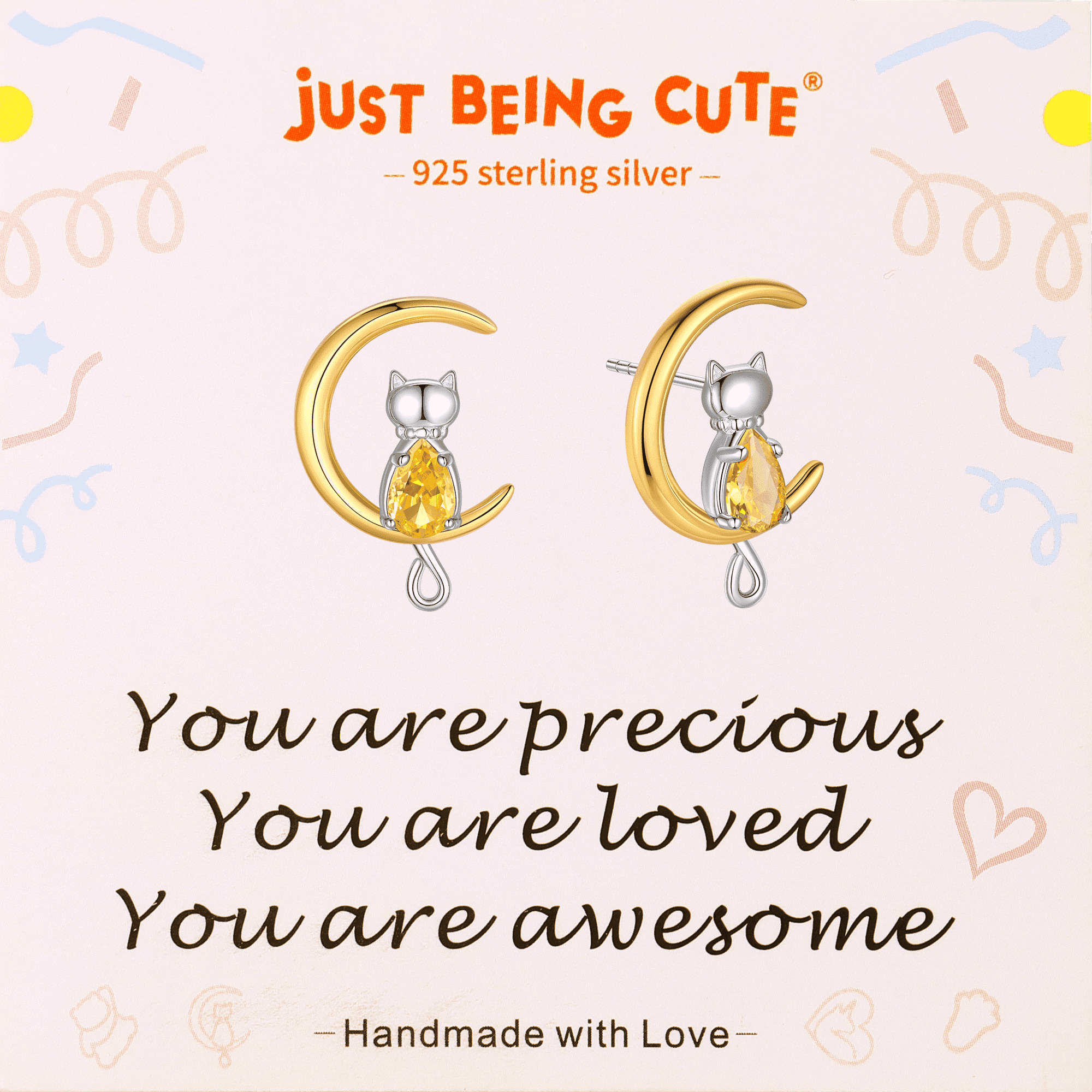 Just Being Cute Cat Moon Birthstone Earrings for Women, 925 Sterling Silver Stud Earrings October Birthday Gifts for Girlfriend Daughter