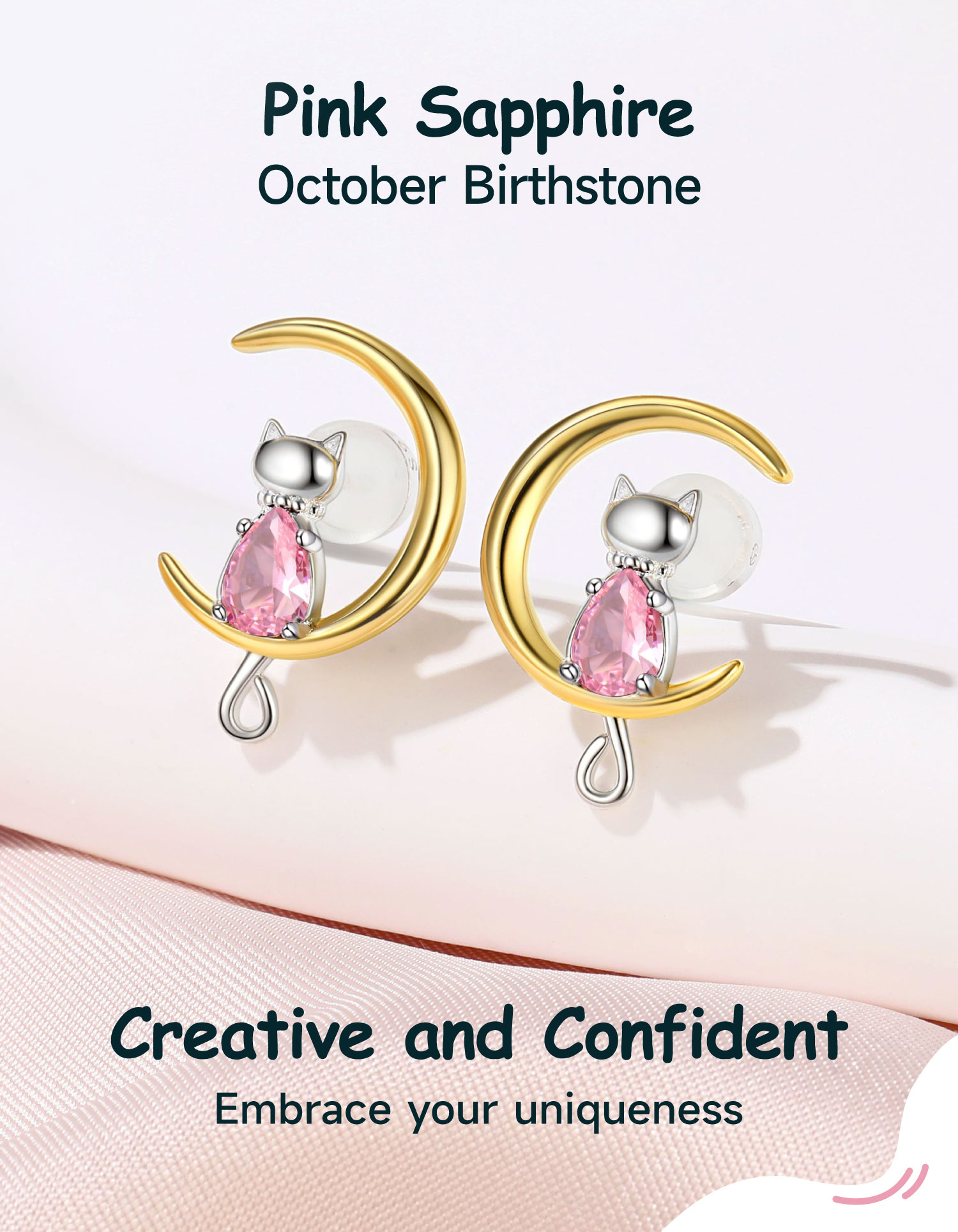 Just Being Cute Cat Moon Birthstone Earrings for Women, 925 Sterling Silver Stud Earrings October Birthday Gifts for Girlfriend Daughter