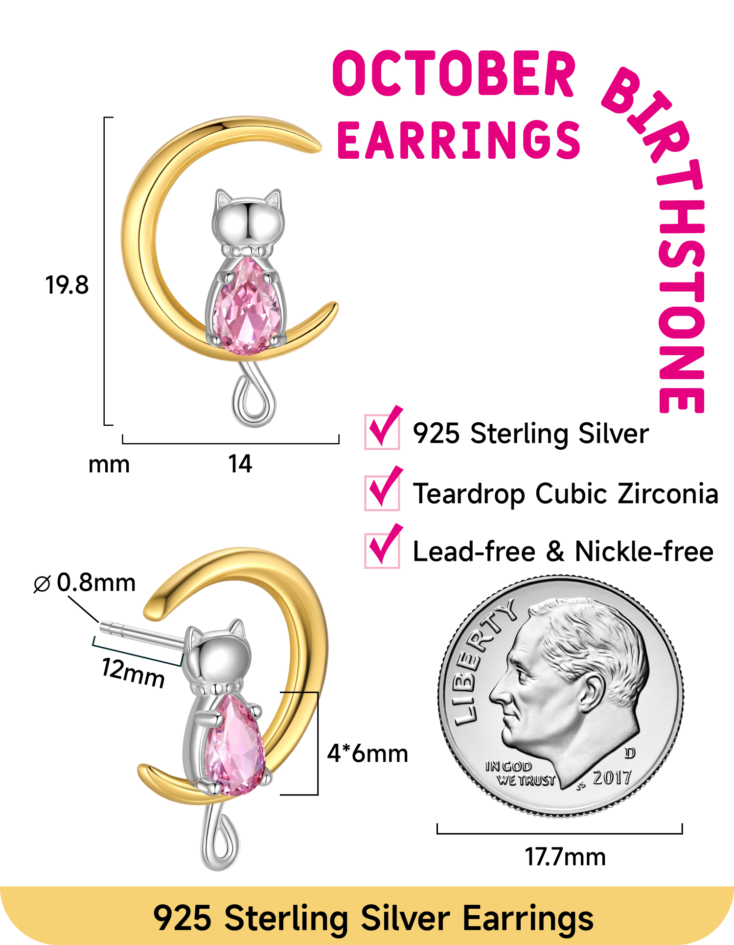 Just Being Cute Cat Moon Birthstone Earrings for Women, 925 Sterling Silver Stud Earrings October Birthday Gifts for Girlfriend Daughter