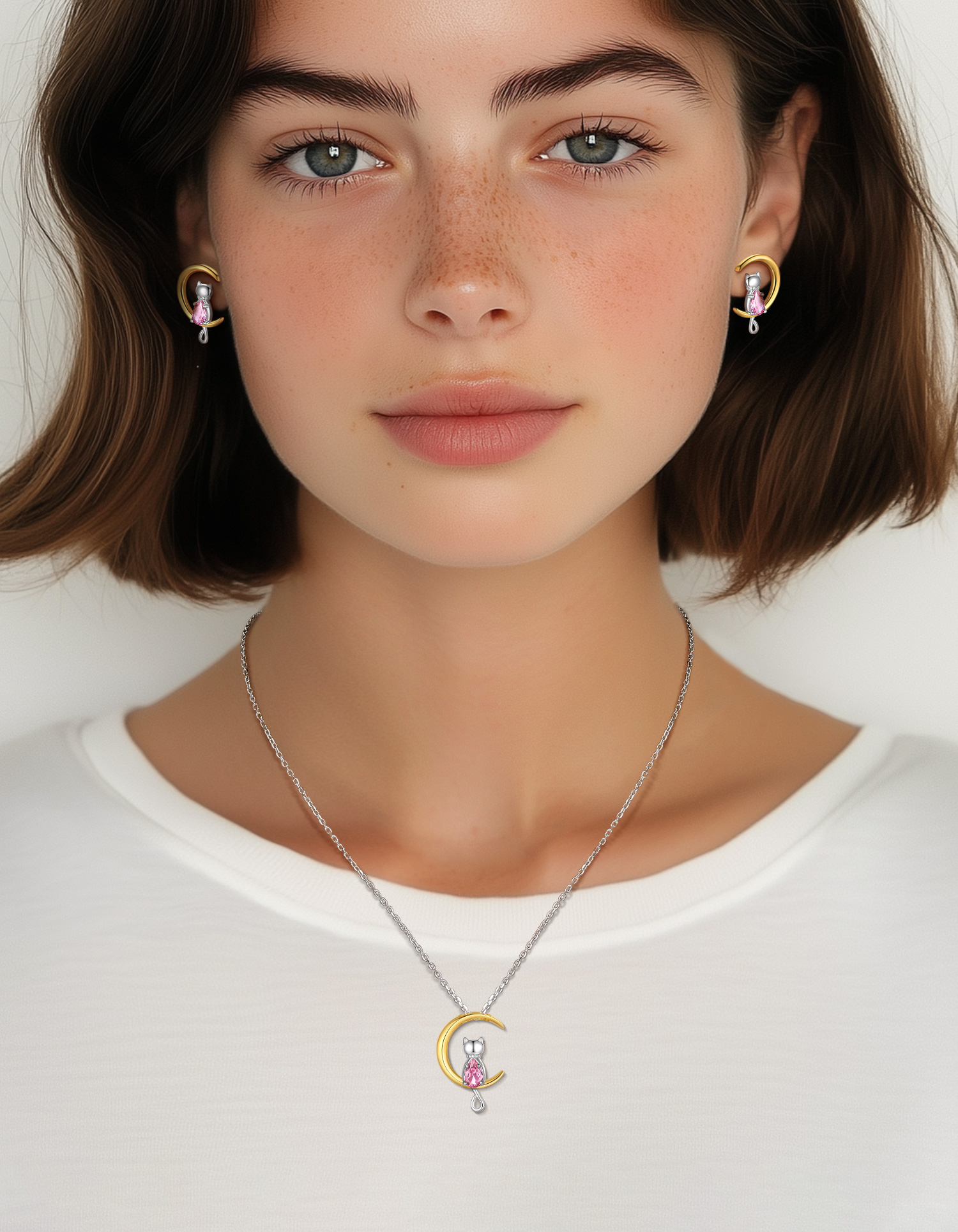 Just Being Cute Sterling Silver Cat Moon Necklace with Birthstone, Women's Tourmaline Pendant Jewelry Gifts for Girlfriend Daughter Sister