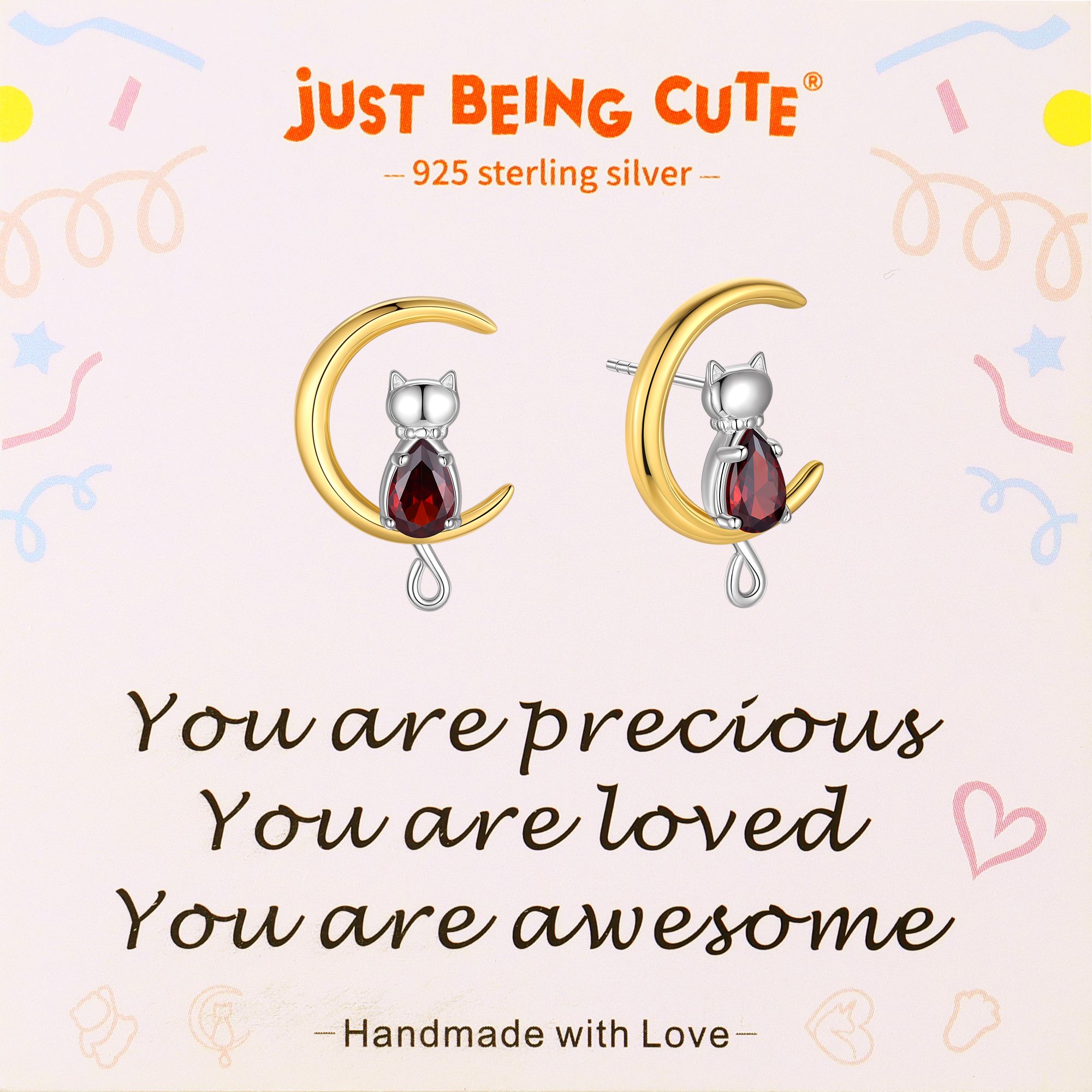 Just Being Cute Cat Moon Birthstone Earrings for Women, 925 Sterling Silver Stud Earrings October Birthday Gifts for Girlfriend Daughter