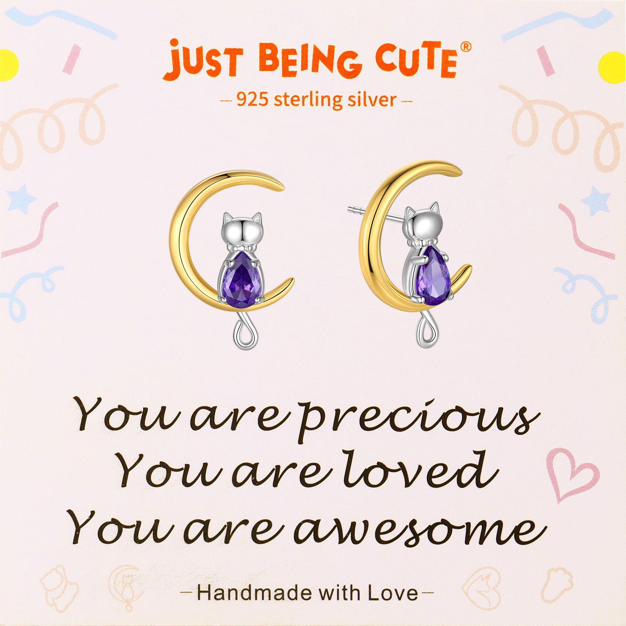 Just Being Cute Cat Moon Birthstone Earrings for Women, 925 Sterling Silver Stud Earrings October Birthday Gifts for Girlfriend Daughter