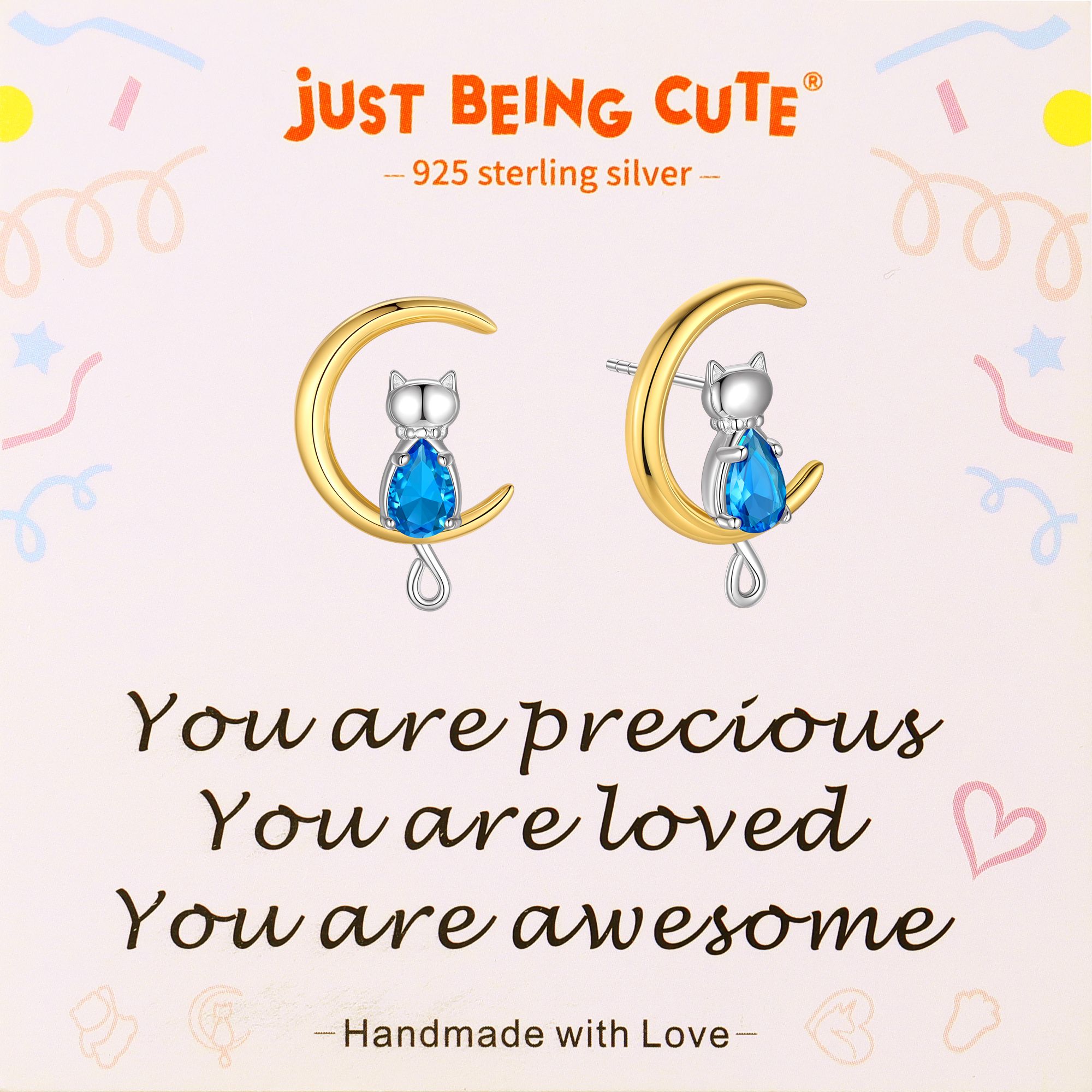 Just Being Cute Cat Moon Birthstone Earrings for Women, 925 Sterling Silver Stud Earrings October Birthday Gifts for Girlfriend Daughter