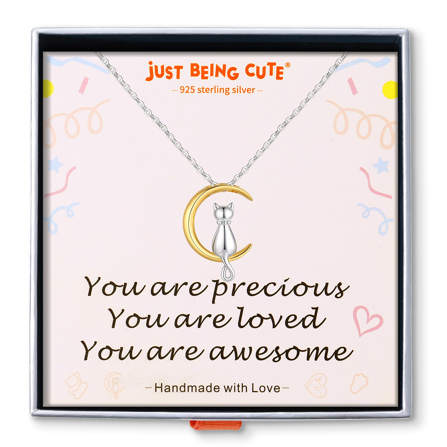 Just Being Cute Sterling Silver Cat Necklace with Gift Card, Women Cat Moon Pendant Necklace Jewelry Gift for Birthday Christmas