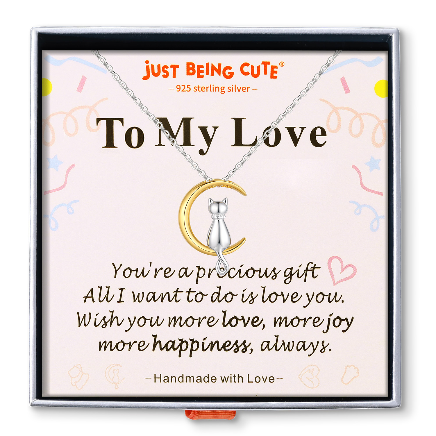 Just Being Cute Sterling Silver Cat Necklace with Gift Card, Women Cat Moon Pendant Necklace Jewelry Gift for Birthday Christmas