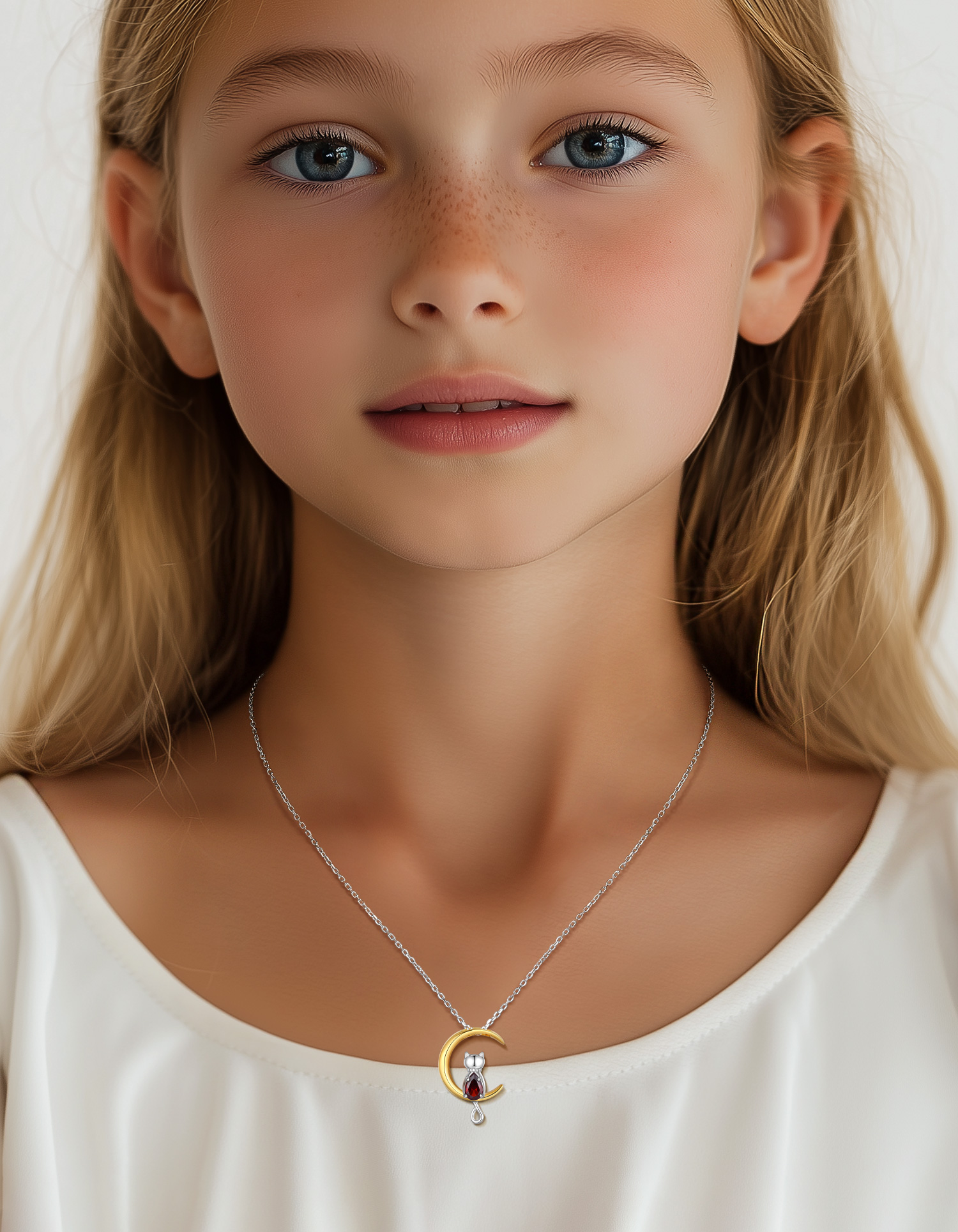 Just Being Cute Teen Girls Sterling Silver Cat Moon Necklace with Birthstone, Women's Garnet Pendant Jewelry Gifts for Love Girlfriend Daughter Sister