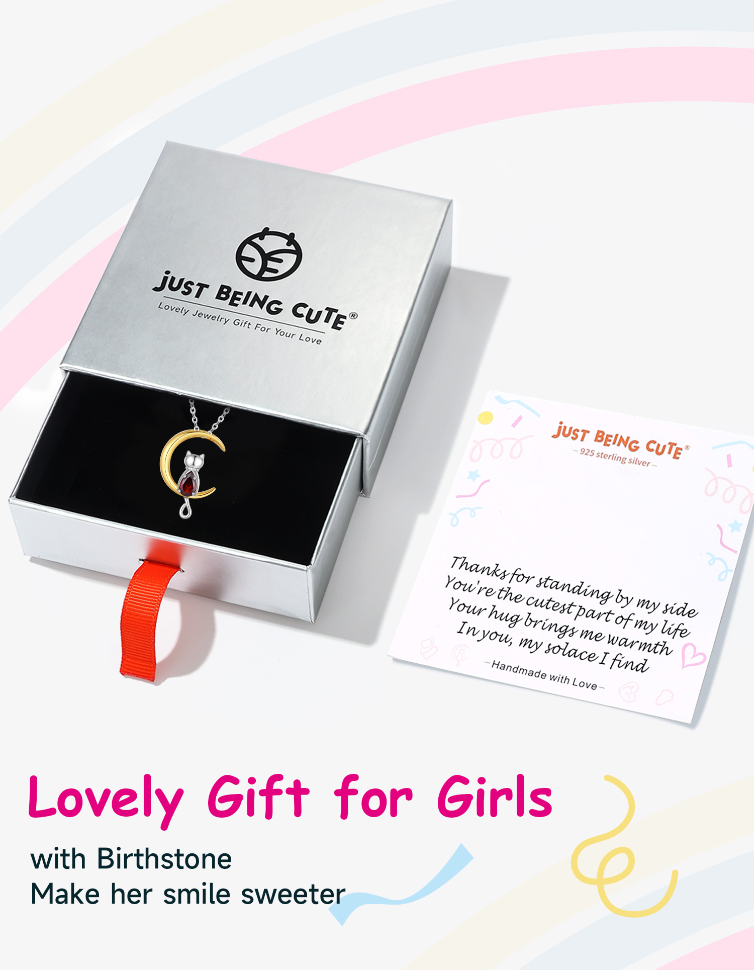 Just Being Cute Teen Girls Sterling Silver Cat Moon Necklace with Birthstone, Women's Garnet Pendant Jewelry Gifts for Love Girlfriend Daughter Sister