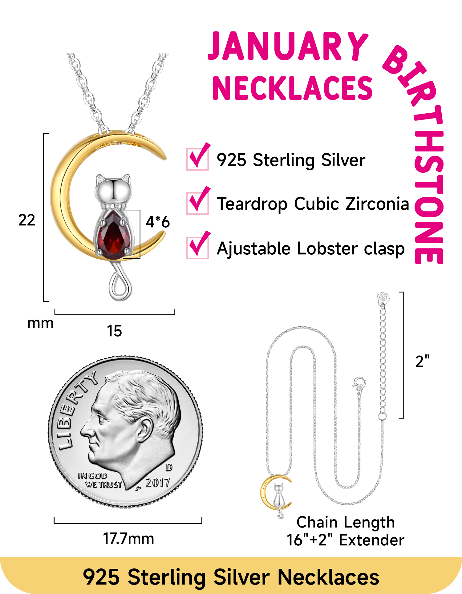 Just Being Cute Teen Girls Sterling Silver Cat Moon Necklace with Birthstone, Women's Garnet Pendant Jewelry Gifts for Love Girlfriend Daughter Sister