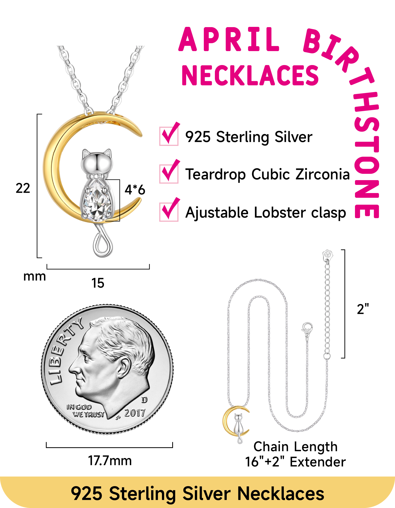 Just Being Cute Birthstone Necklace and Earrings for Women, 925 Sterling Silver Plated Cat Jewelry Sets Created Diamond Birthstone Pendant Necklaces Earrings Set Gifts for Birthday Mother's Day