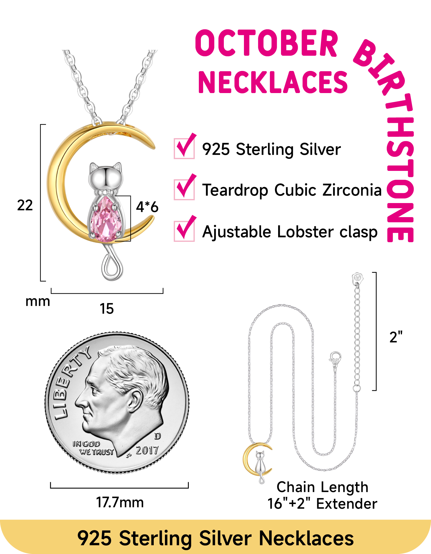 Just Being Cute Sterling Silver Cat Moon Necklace with Birthstone, Women's Tourmaline Pendant Jewelry Gifts for Girlfriend Daughter Sister