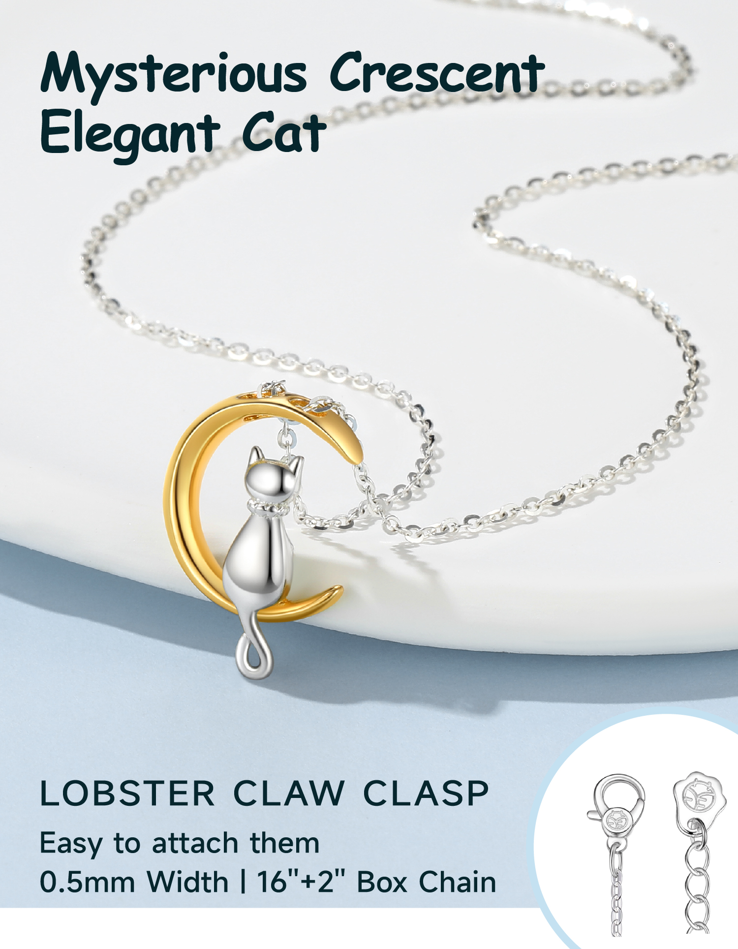 Just Being Cute Sterling Silver Cat Necklace with Gift Card, Women Cat Moon Pendant Necklace Jewelry Gift for Birthday Christmas