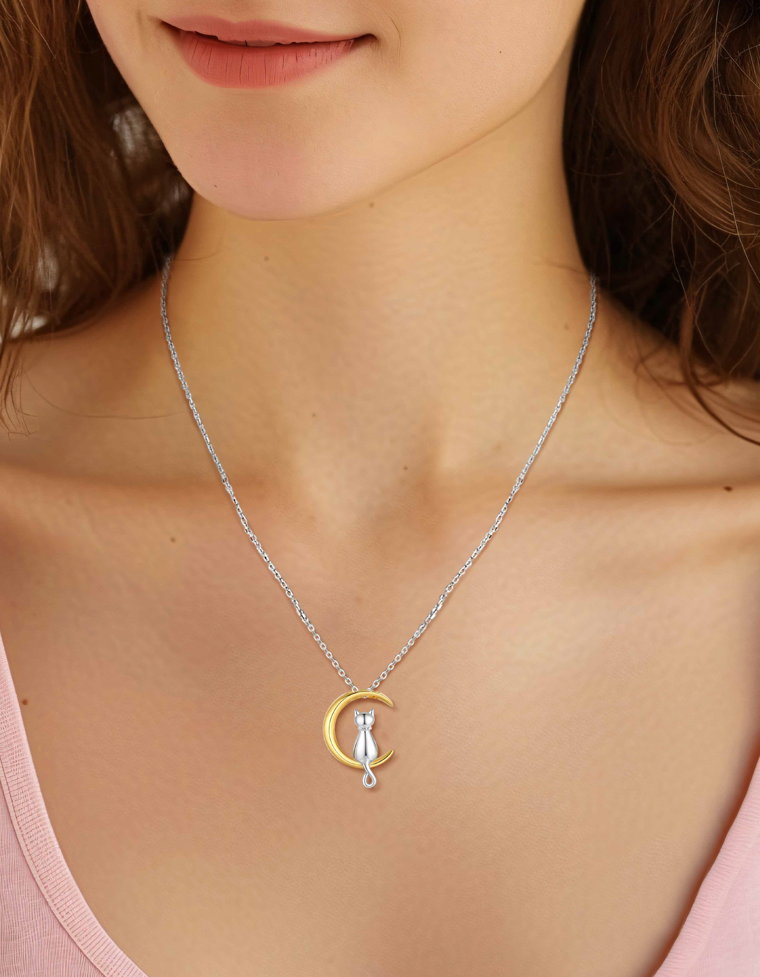 Just Being Cute Sterling Silver Cat Necklace with Gift Card, Women Cat Moon Pendant Necklace Jewelry Gift for Birthday Christmas