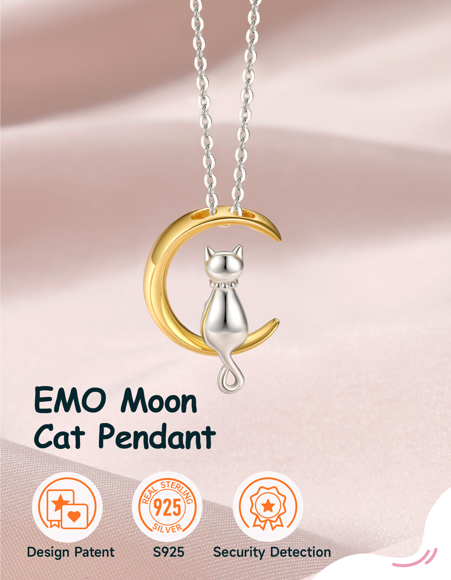 Just Being Cute Sterling Silver Cat Necklace with Gift Card, Women Cat Moon Pendant Necklace Jewelry Gift for Birthday Christmas
