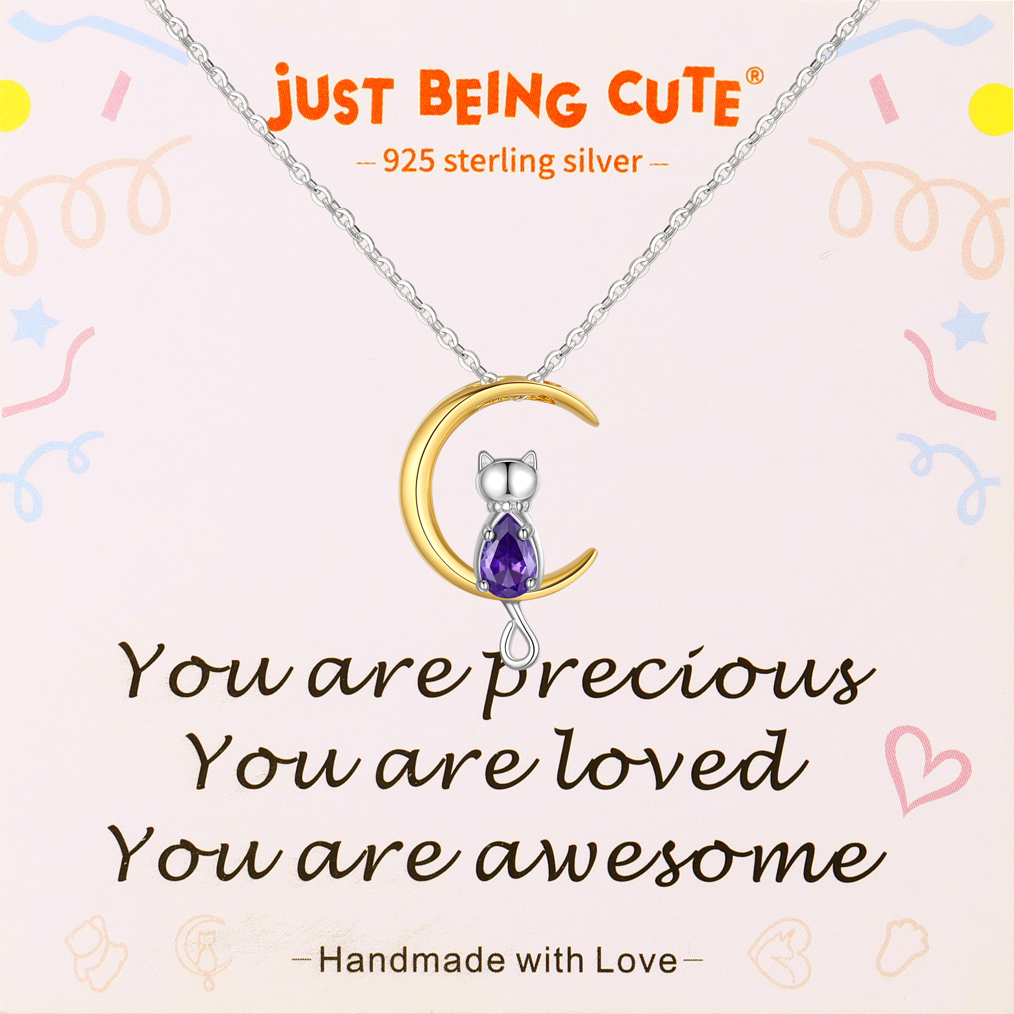 Just Being Cute Sterling Silver Cat Moon Necklace with Birthstone, Women's Tourmaline Pendant Jewelry Gifts for Girlfriend Daughter Sister