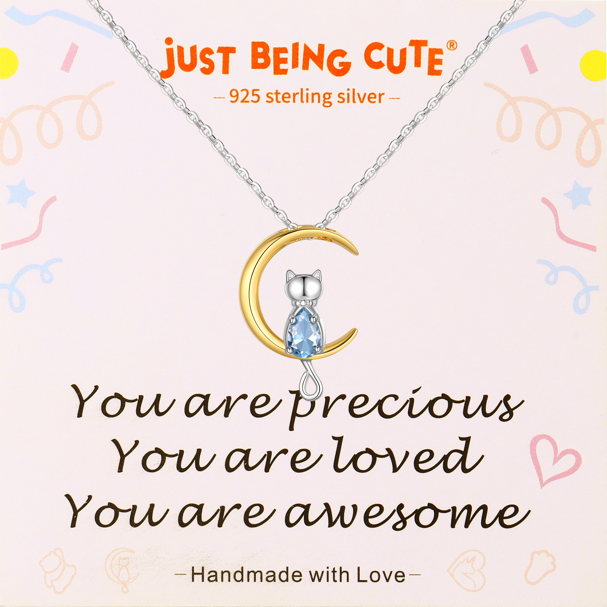 Just Being Cute Sterling Silver Cat Moon Necklace with Birthstone, Women's Tourmaline Pendant Jewelry Gifts for Girlfriend Daughter Sister