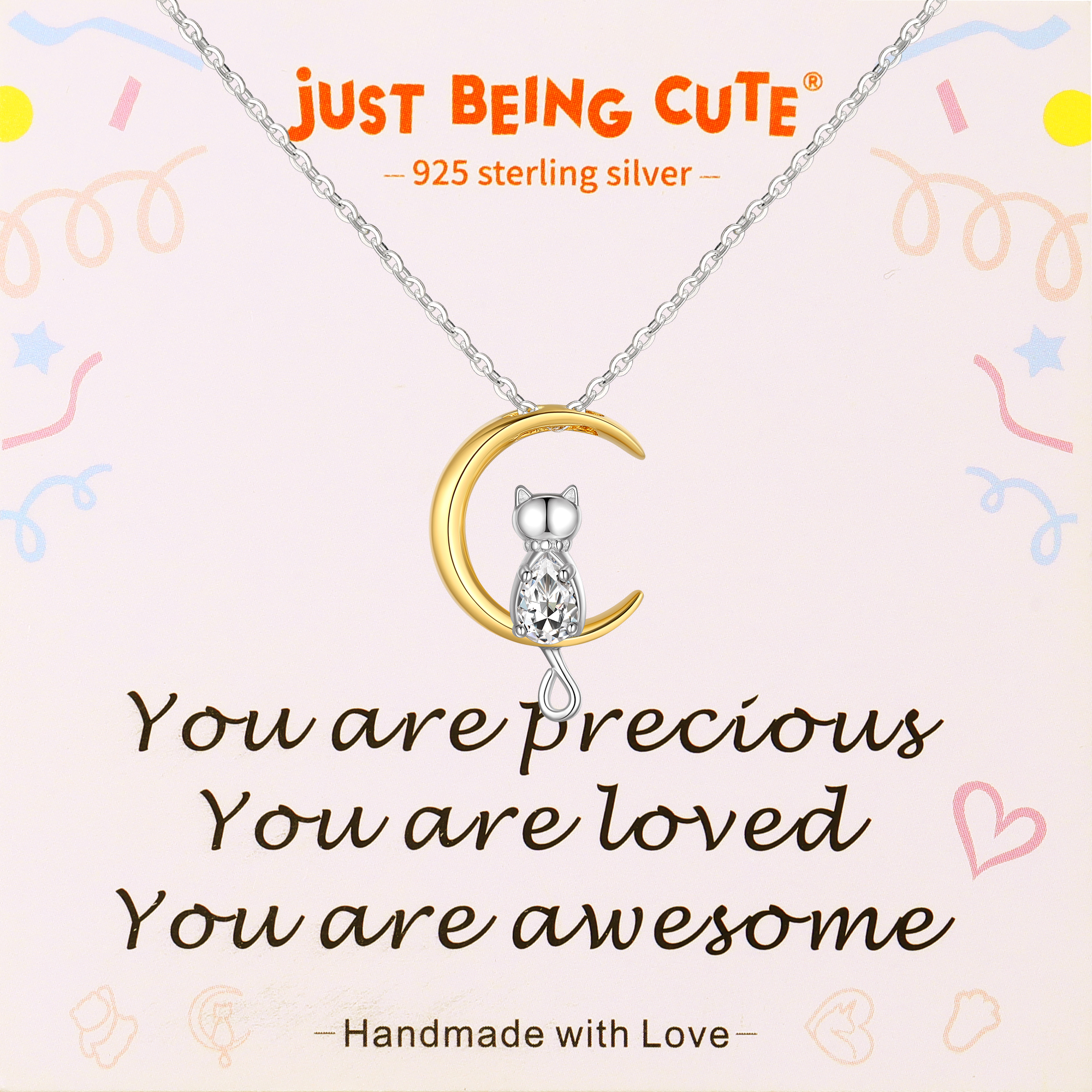 Just Being Cute Sterling Silver Cat Moon Necklace with Birthstone, Women's Tourmaline Pendant Jewelry Gifts for Girlfriend Daughter Sister