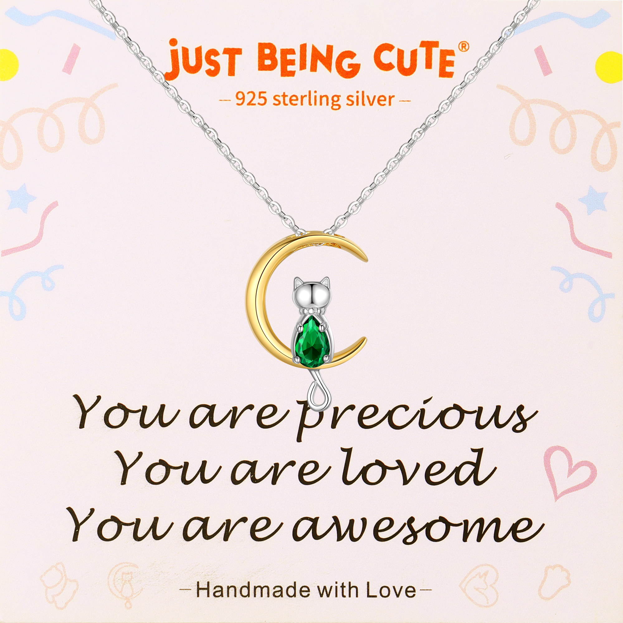 Just Being Cute Sterling Silver Cat Moon Necklace with Birthstone, Women's Tourmaline Pendant Jewelry Gifts for Girlfriend Daughter Sister