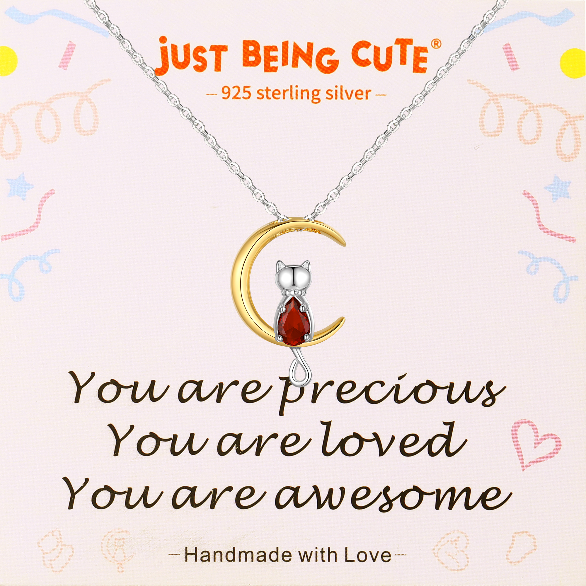 Just Being Cute Sterling Silver Cat Moon Necklace with Birthstone, Women's Tourmaline Pendant Jewelry Gifts for Girlfriend Daughter Sister