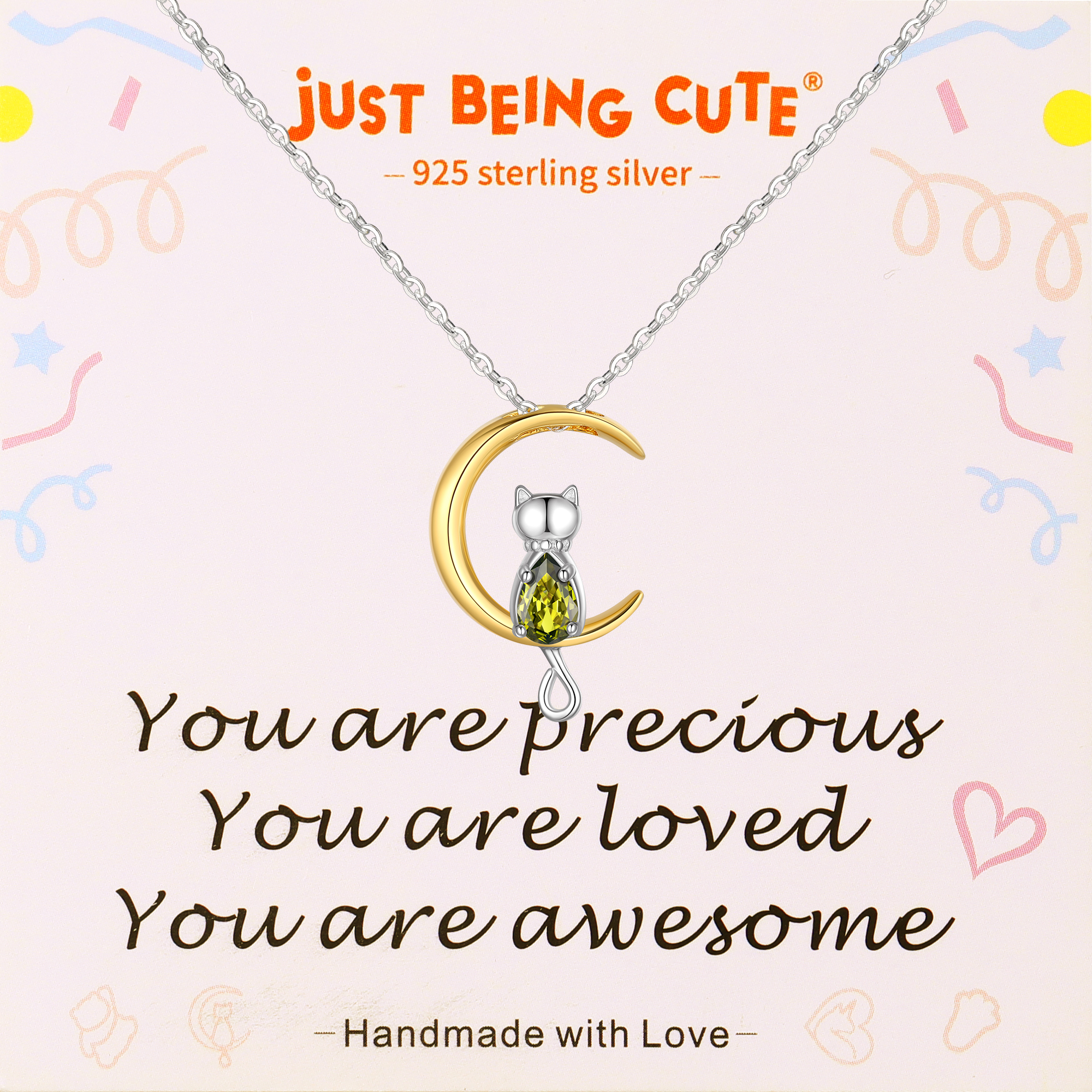 Just Being Cute Sterling Silver Cat Moon Necklace with Birthstone, Women's Tourmaline Pendant Jewelry Gifts for Girlfriend Daughter Sister