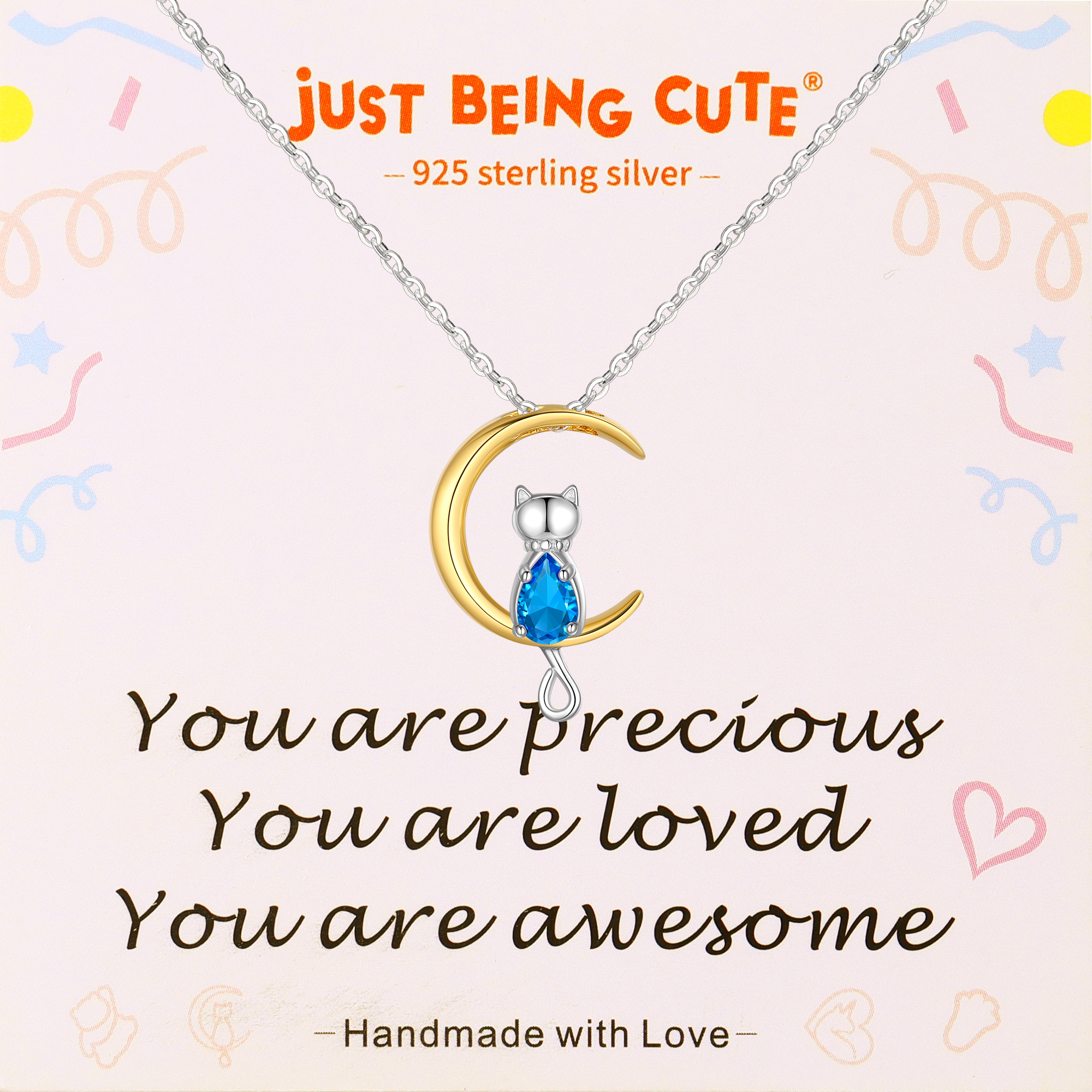 Just Being Cute Sterling Silver Cat Moon Necklace with Birthstone, Women's Tourmaline Pendant Jewelry Gifts for Girlfriend Daughter Sister