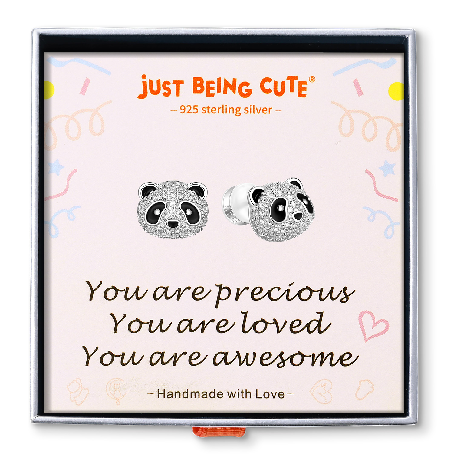 Just Being Cute Panda Stud Earrings for Women Shiny CZ Sterling Silver Ear Charm for Everyday Wear Birthday Graduation Gifts
