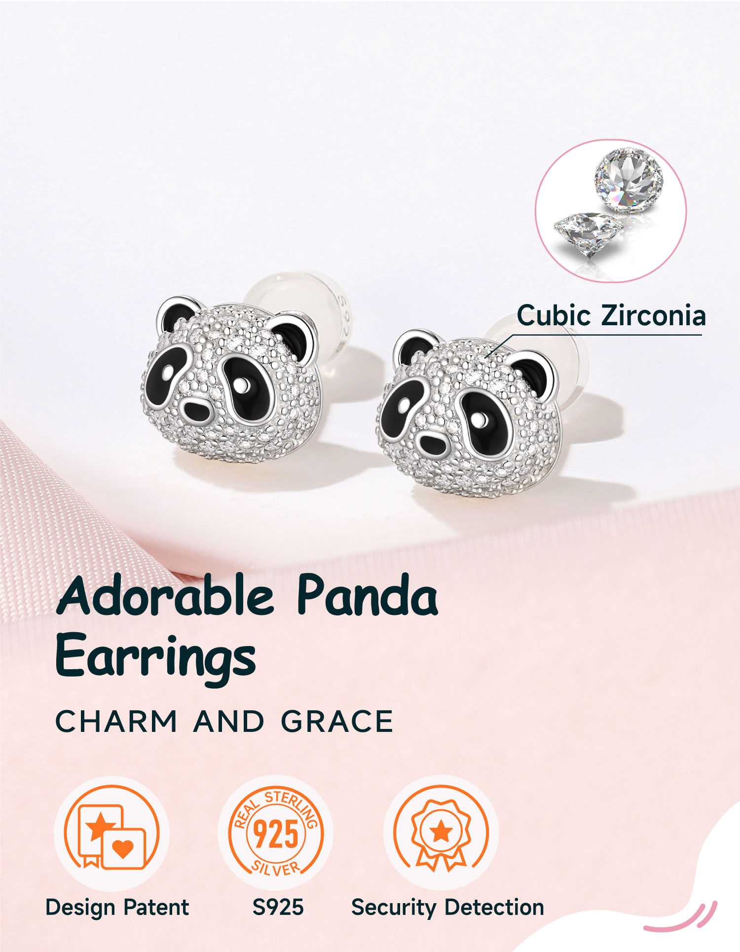 Just Being Cute Panda Stud Earrings for Women Shiny CZ Sterling Silver Ear Charm for Everyday Wear Birthday Graduation Gifts