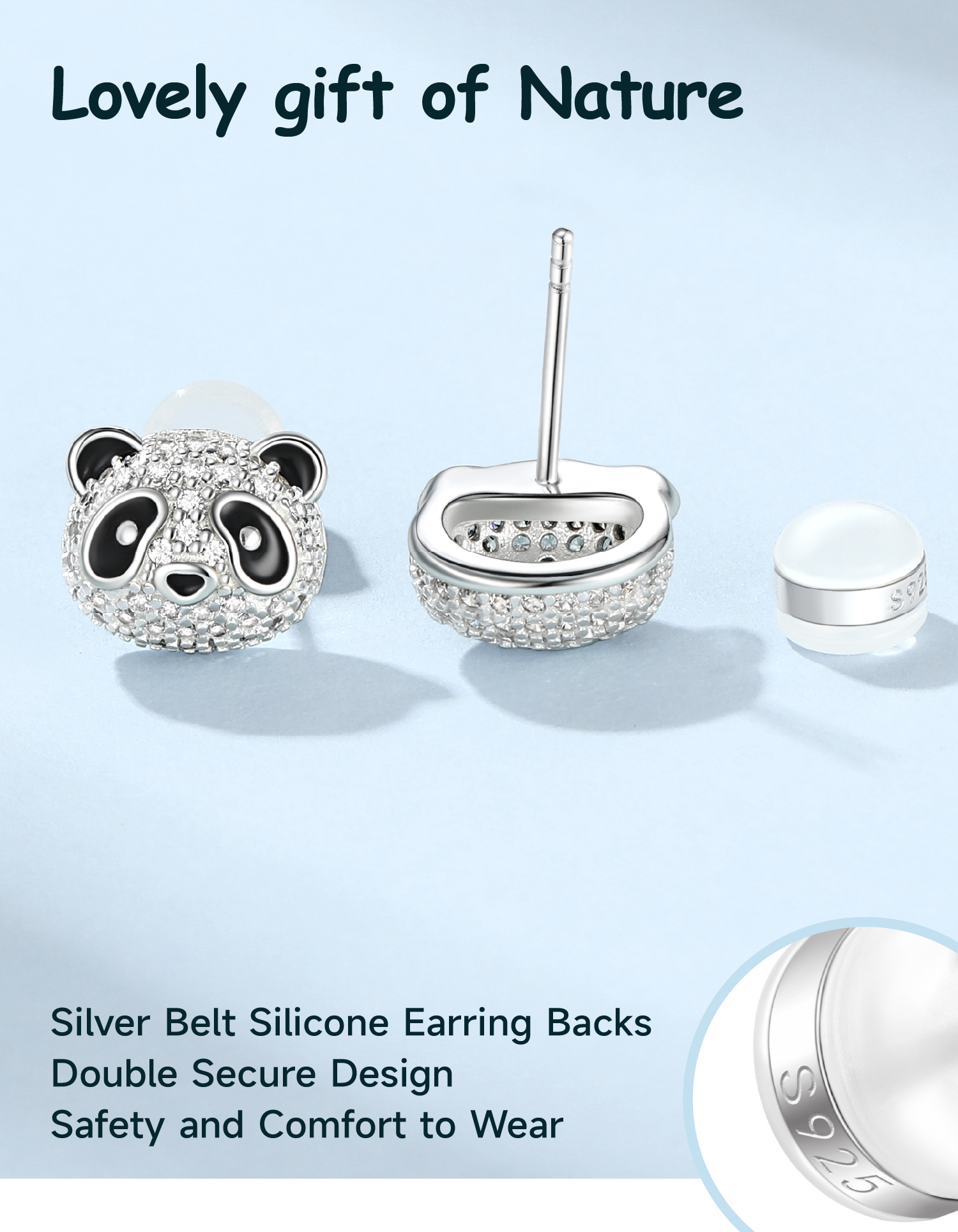 Just Being Cute Panda Stud Earrings for Women Shiny CZ Sterling Silver Ear Charm for Everyday Wear Birthday Graduation Gifts