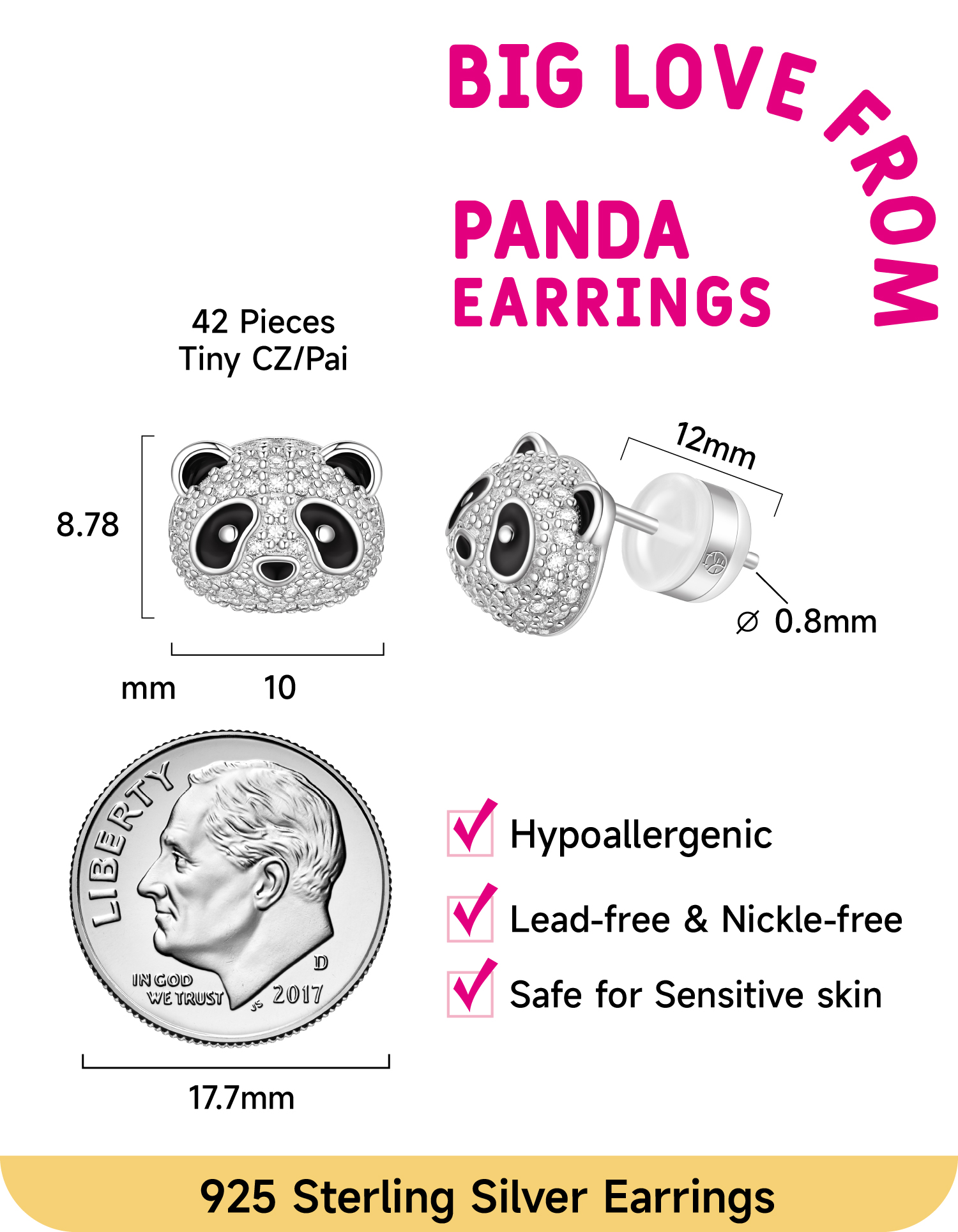 Just Being Cute Panda Stud Earrings for Women Shiny CZ Sterling Silver Ear Charm for Everyday Wear Birthday Graduation Gifts