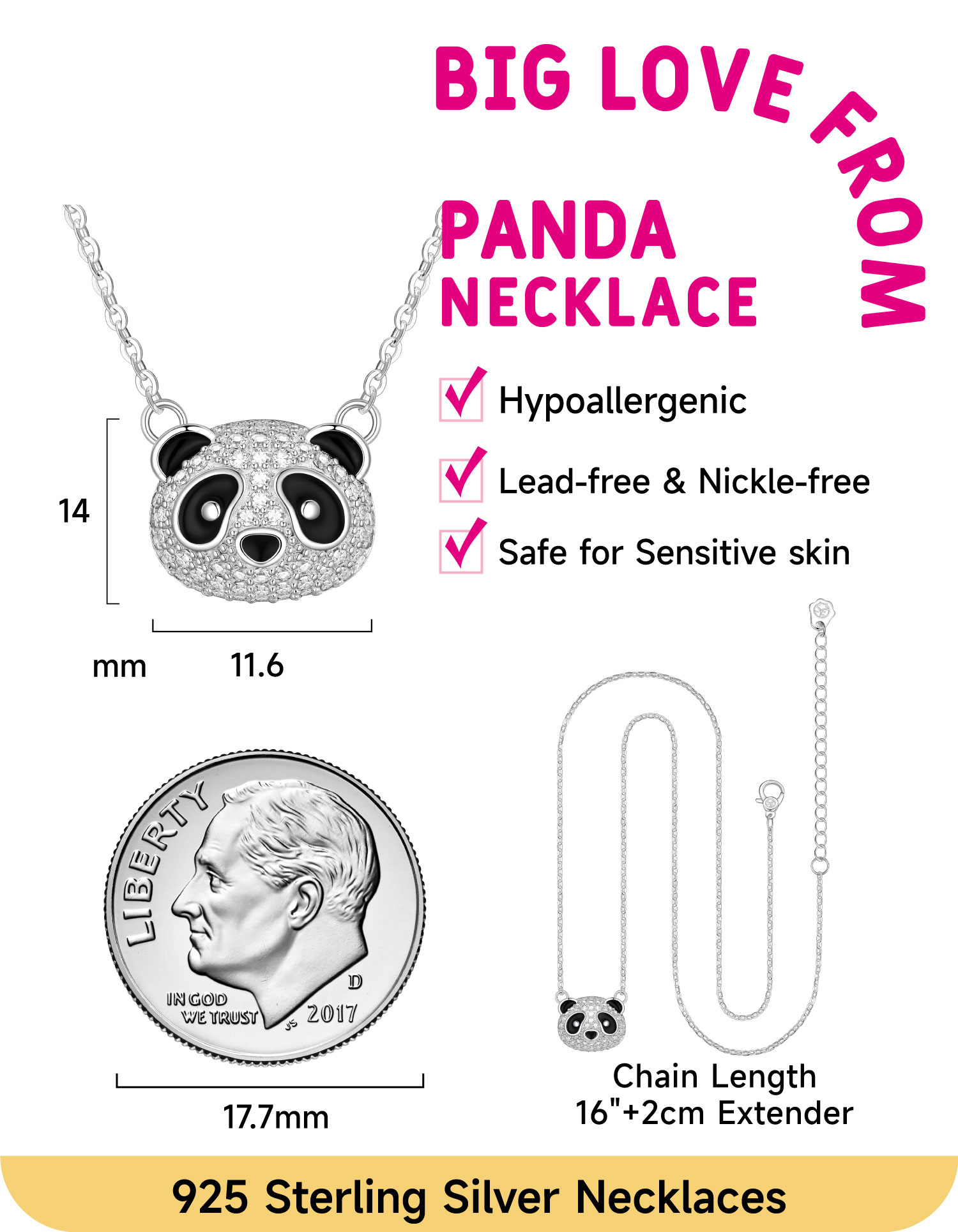 Just Being Cute Panda Necklace Gifts for Women 925 Sterling Silver Pendant Choker with Cubic Zirconia for Birthday Christmas