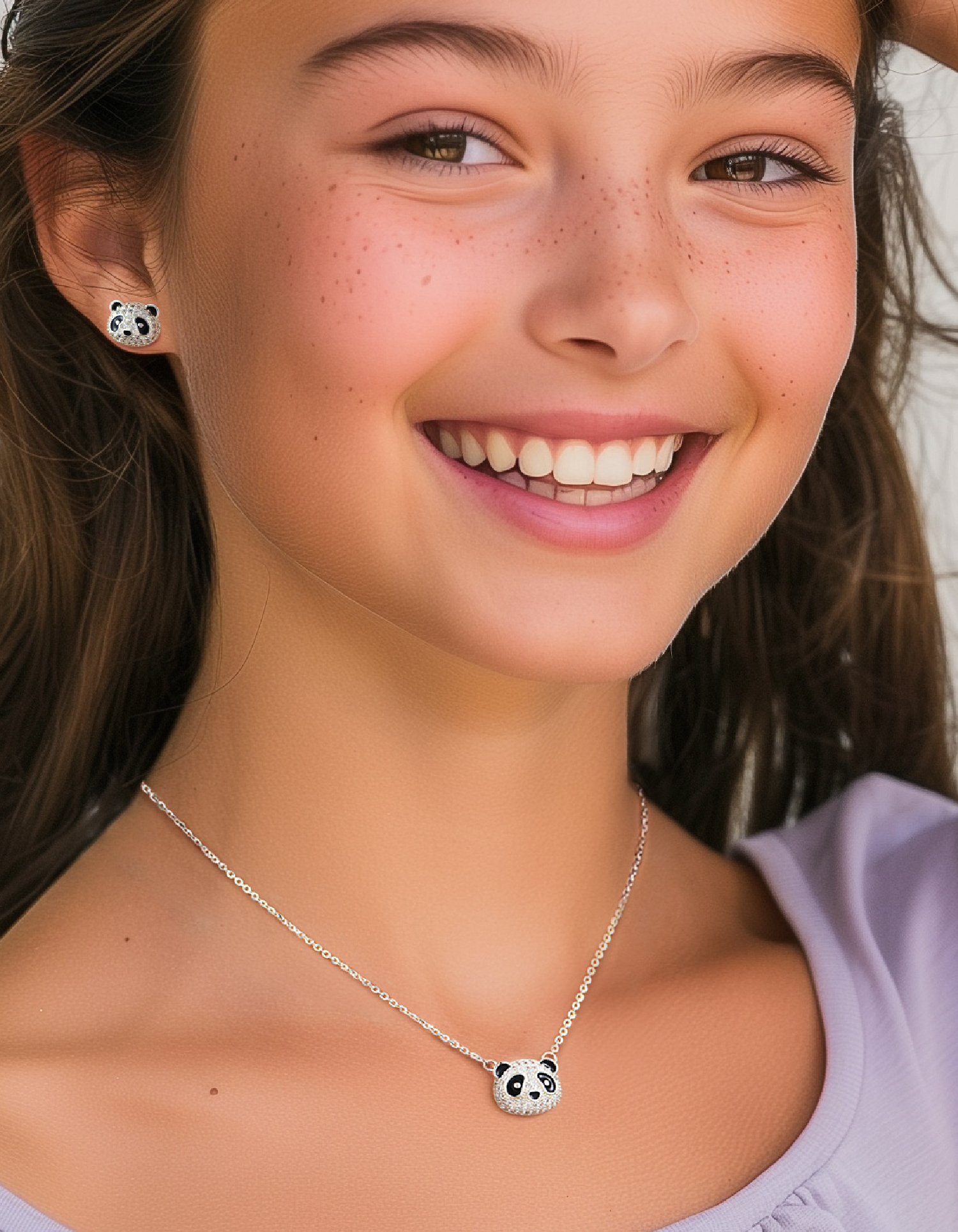 Just Being Cute Panda Necklace and Earrings Set for Women Cubic Zirconia Sterling Silver Jewelry with Birthday Christmas Gifts